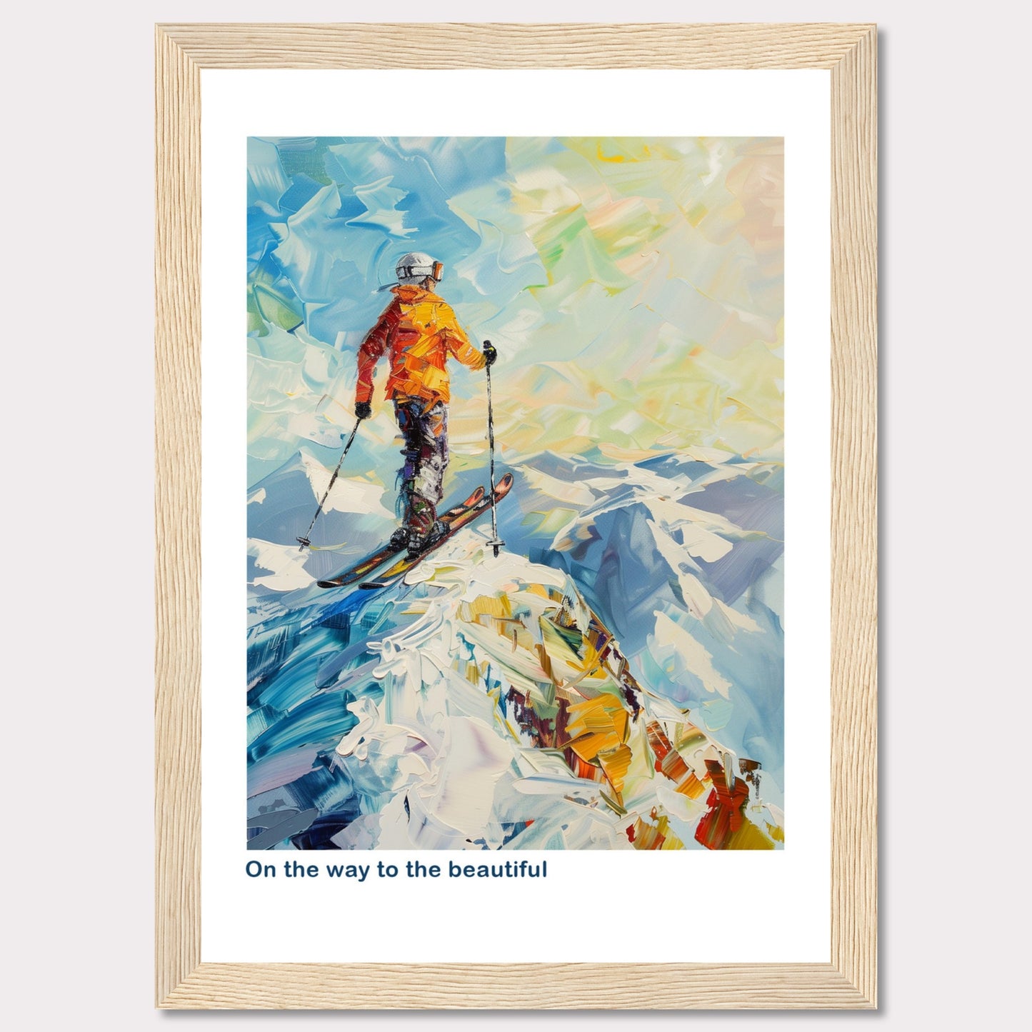 This vibrant painting captures a skier standing at the peak of a snowy mountain, ready to descend. The skier is dressed in an orange jacket and helmet, holding ski poles. The background features a stunning array of colors depicting the sky and distant mountains.