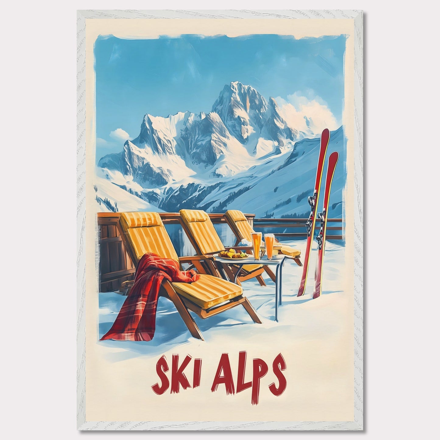 This vibrant poster captures the joy of a sunlit winter day in the Alps. Relaxation takes center stage with inviting lounge chairs draped in cozy blankets, complemented by refreshing beverages and a mountain backdrop that stretches into the clear blue sky.