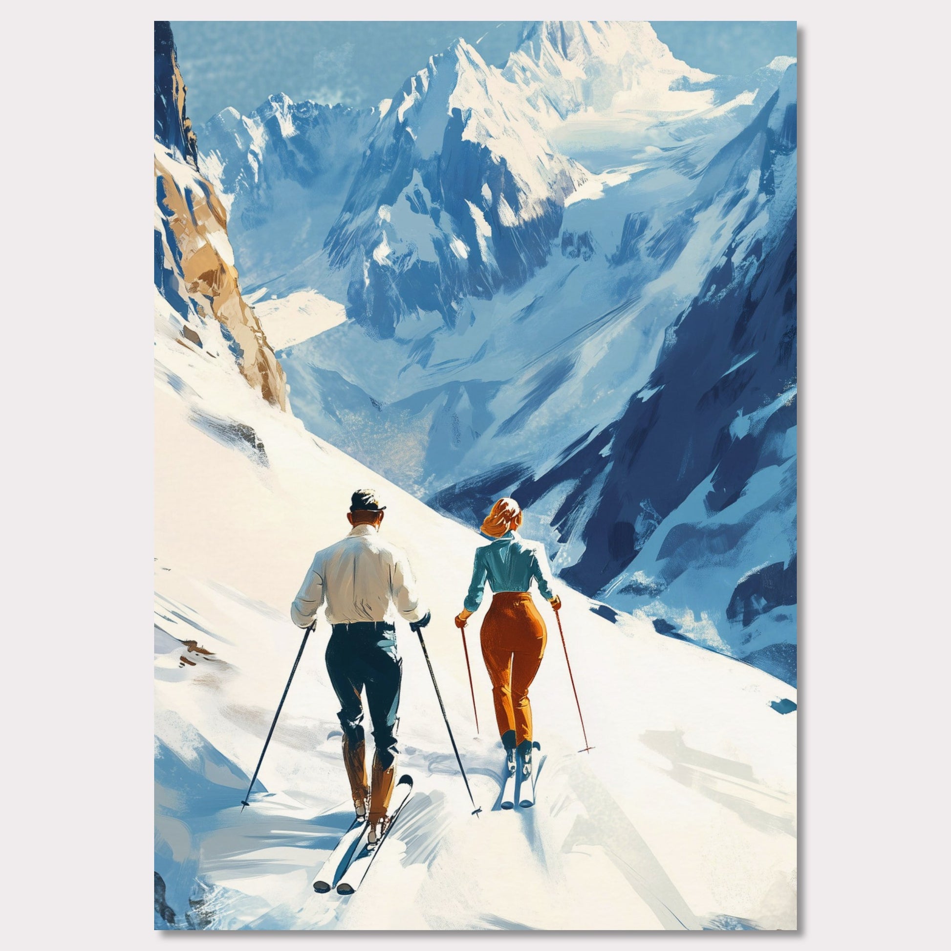 This retro poster captures the elegance and adventure of alpine skiing in Switzerland, circa 1960. Two fashionable skiers glide down the pristine snow with majestic mountains towering in the background. The vibrant colors of their outfits contrast beautifully against the white landscape, while the bold lettering emphasizes the stylish allure of alpine sports.