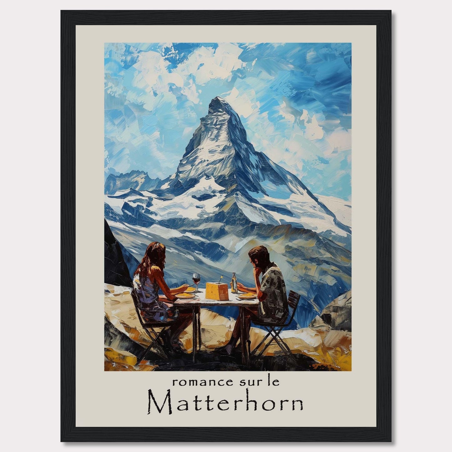 This captivating poster showcases a romantic scene at the Matterhorn, with a couple enjoying a meal against the breathtaking backdrop of the iconic mountain.