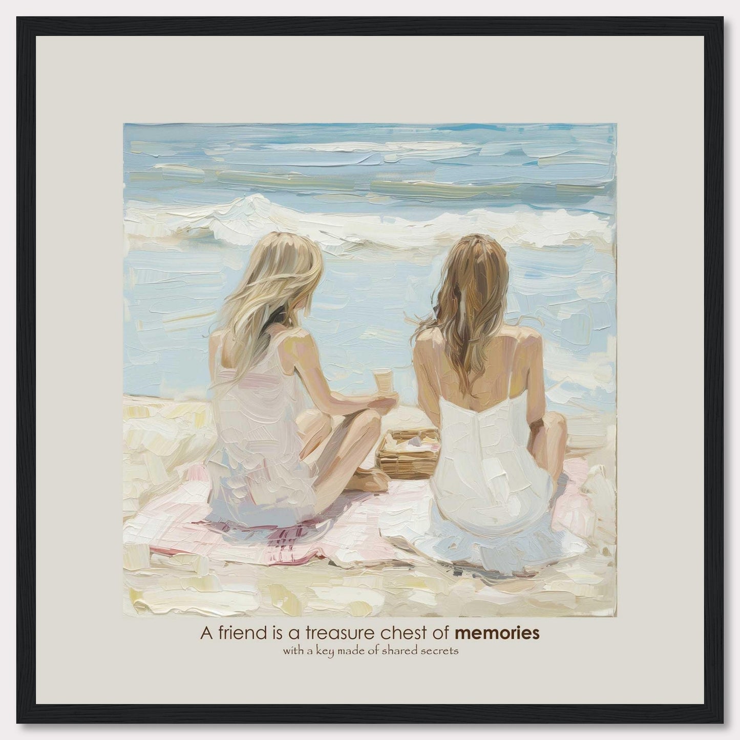 A beautiful painting depicts two women sitting on a beach, facing the ocean. They are engaged in a serene moment, perhaps sharing a conversation or simply enjoying the view. The scene evokes a sense of tranquility and deep friendship. The quote below the image reads, "A friend is a treasure chest of memories with a key made of shared secrets," highlighting the value of close companionship.