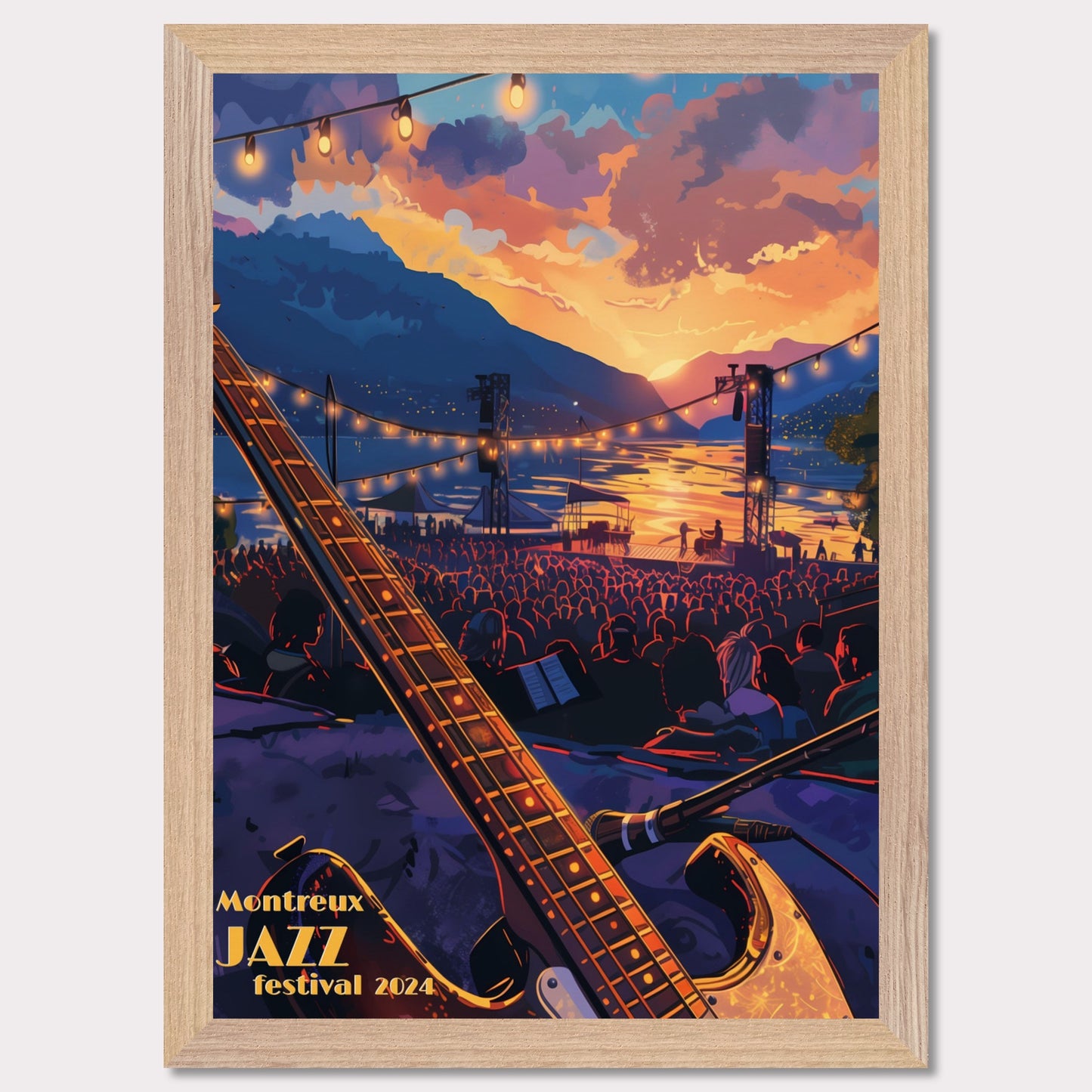 This vibrant poster captures the essence of the Montreux Jazz Festival 2024. Set against a breathtaking sunset over a serene lake, the scene is filled with an audience eagerly awaiting the performance. An electric guitar in the foreground hints at the musical magic to come, while string lights add a festive ambiance.