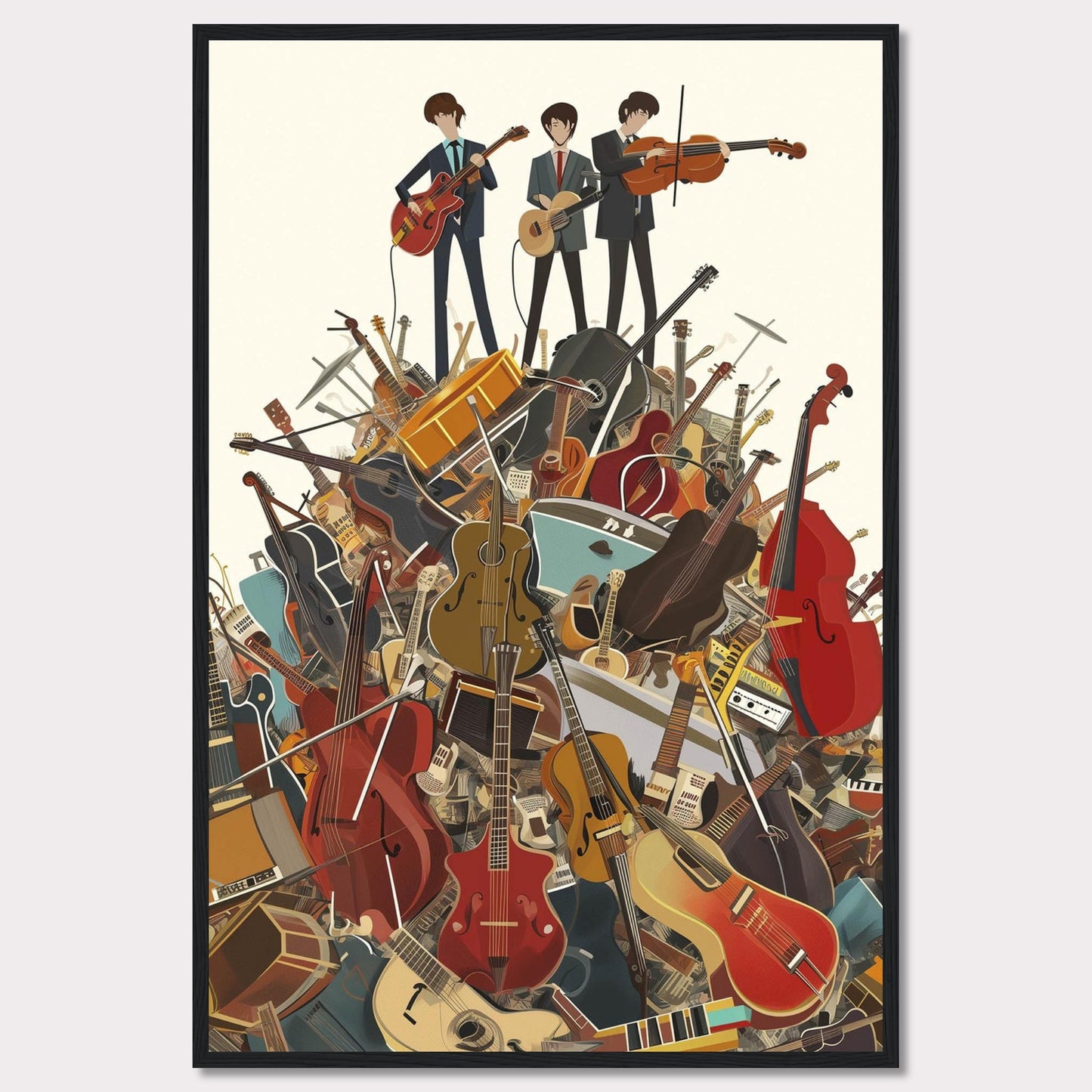 This vibrant illustration captures three musicians standing atop a towering pile of various musical instruments. The scene is filled with guitars, violins, cellos, drums, and more, creating a lively and energetic atmosphere.