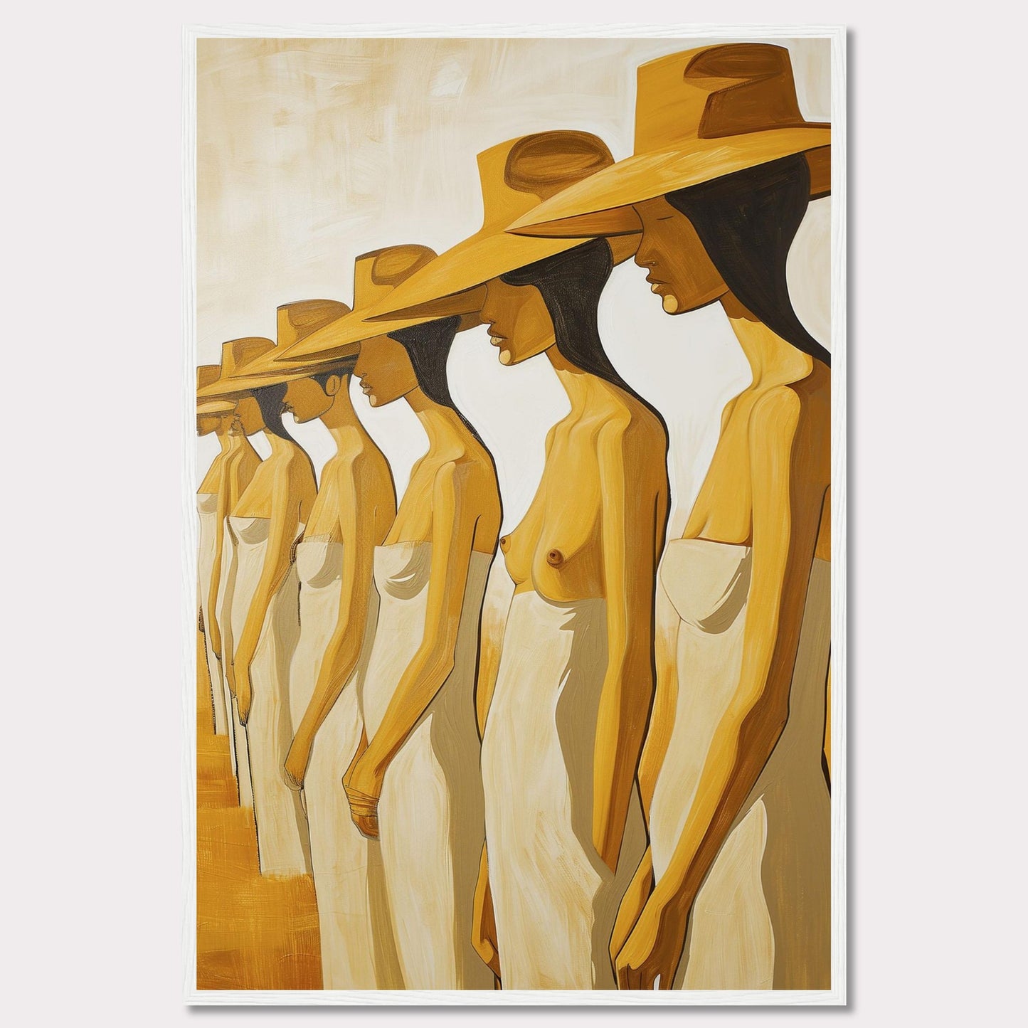 This striking artwork features a row of women standing in profile, each wearing a large hat and draped in a simple cloth. The painting captures a sense of unity and individuality through its minimalist style and warm color palette.