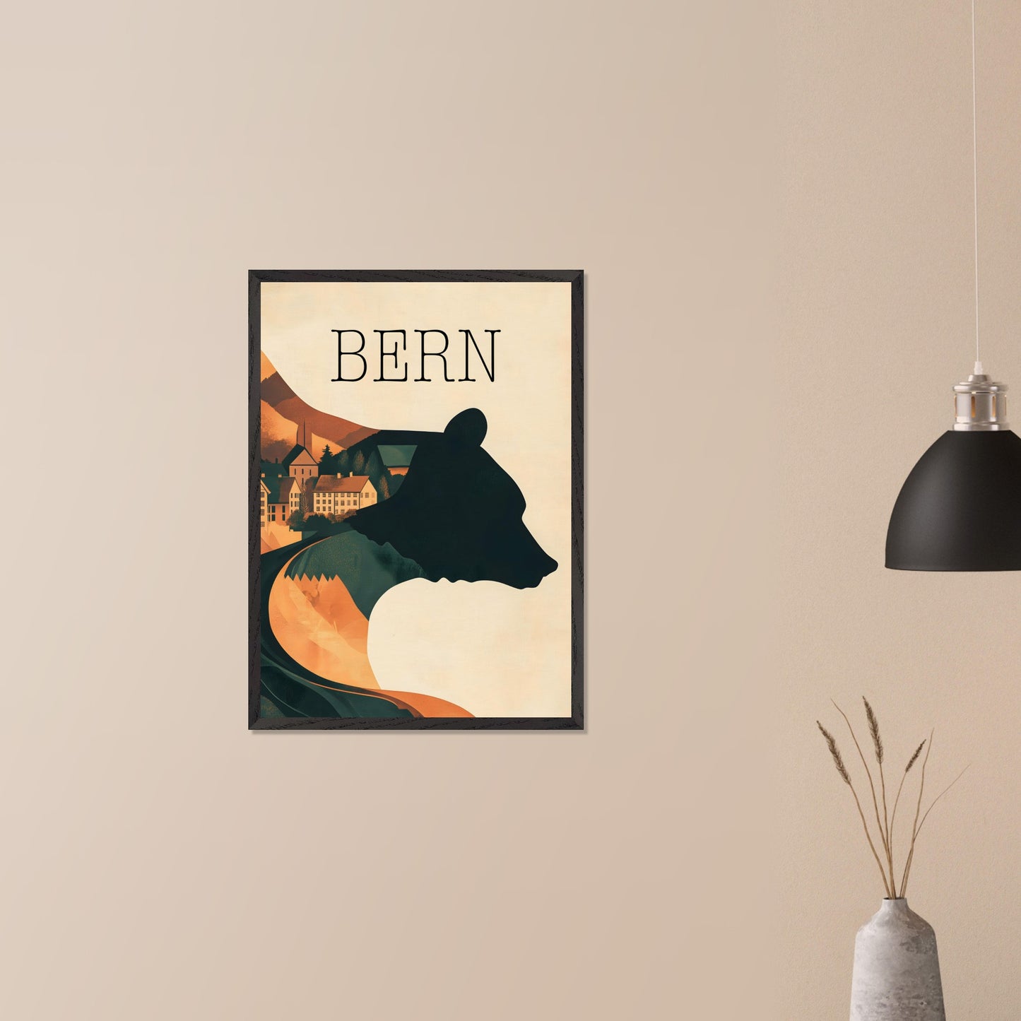 This minimalist travel poster captures the essence of Bern, Switzerland, with a flowing river winding through the city's historic heart. The design highlights the city's iconic medieval architecture, framed by the serene natural surroundings. The soft, muted tones evoke a sense of nostalgia and tranquility, making it a perfect representation of Bern’s timeless beauty.