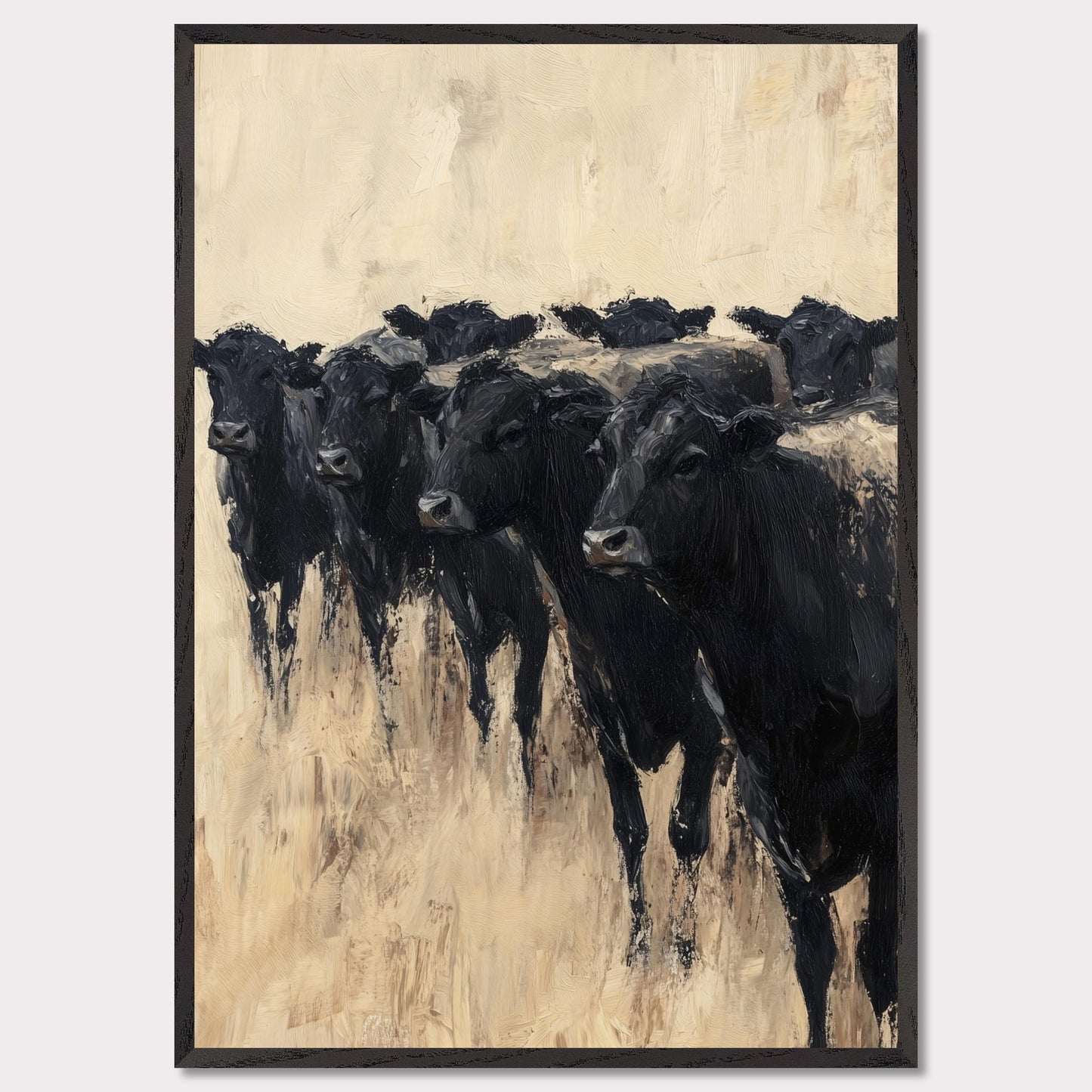 This captivating painting depicts a group of black cows standing together, evoking a sense of unity and strength. The textured brushstrokes and neutral background create a striking contrast, highlighting the animals' dark forms.