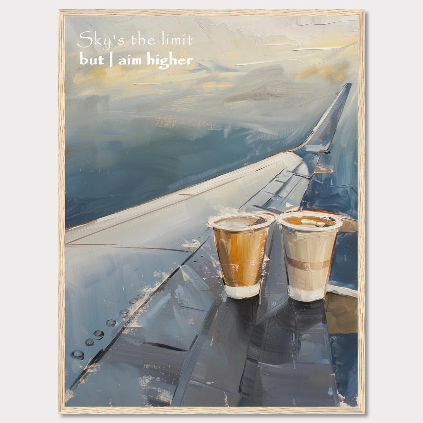 This image features a painted depiction of an airplane wing with two cups of coffee placed on it. The sky is depicted in soft, calming hues, suggesting a serene atmosphere. The text "Sky's the limit but I aim higher" is written in the upper left corner, adding an inspirational element to the artwork.