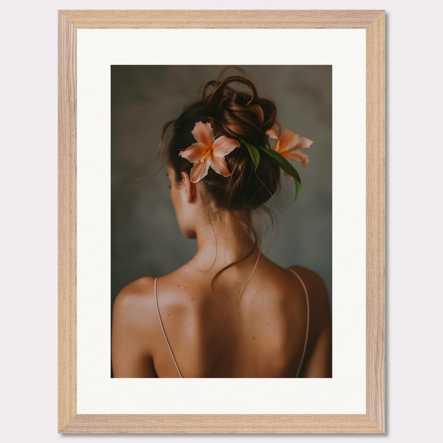 This illustration depicts a woman viewed from behind, with her hair styled in an elegant updo adorned with two peach-colored flowers and green leaves.

This poster would fit well in a bedroom, living room, or any space that benefits from a touch of elegance and natural beauty.