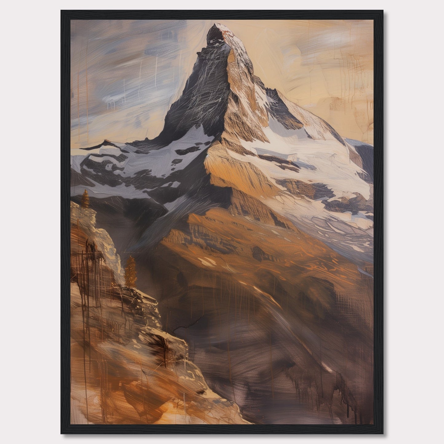 This stunning artwork captures the majestic beauty of a towering mountain peak bathed in warm, golden light. The painting showcases the rugged textures and dramatic contrasts of the rocky terrain, with snow-capped sections adding to its grandeur.