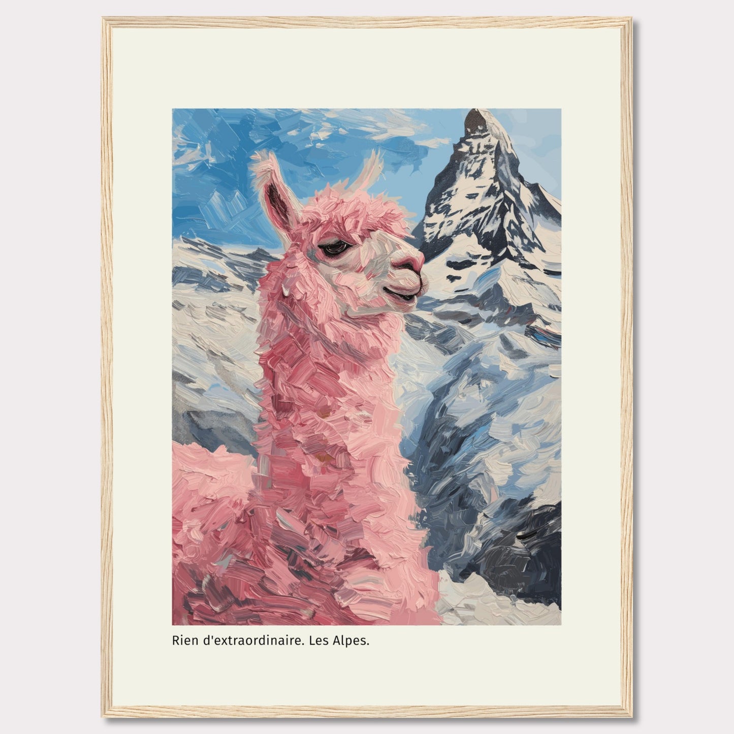 This whimsical painting features a pink llama standing proudly against the backdrop of the majestic Alps. The vibrant colors and playful brushstrokes bring a sense of fun and adventure to the scene.