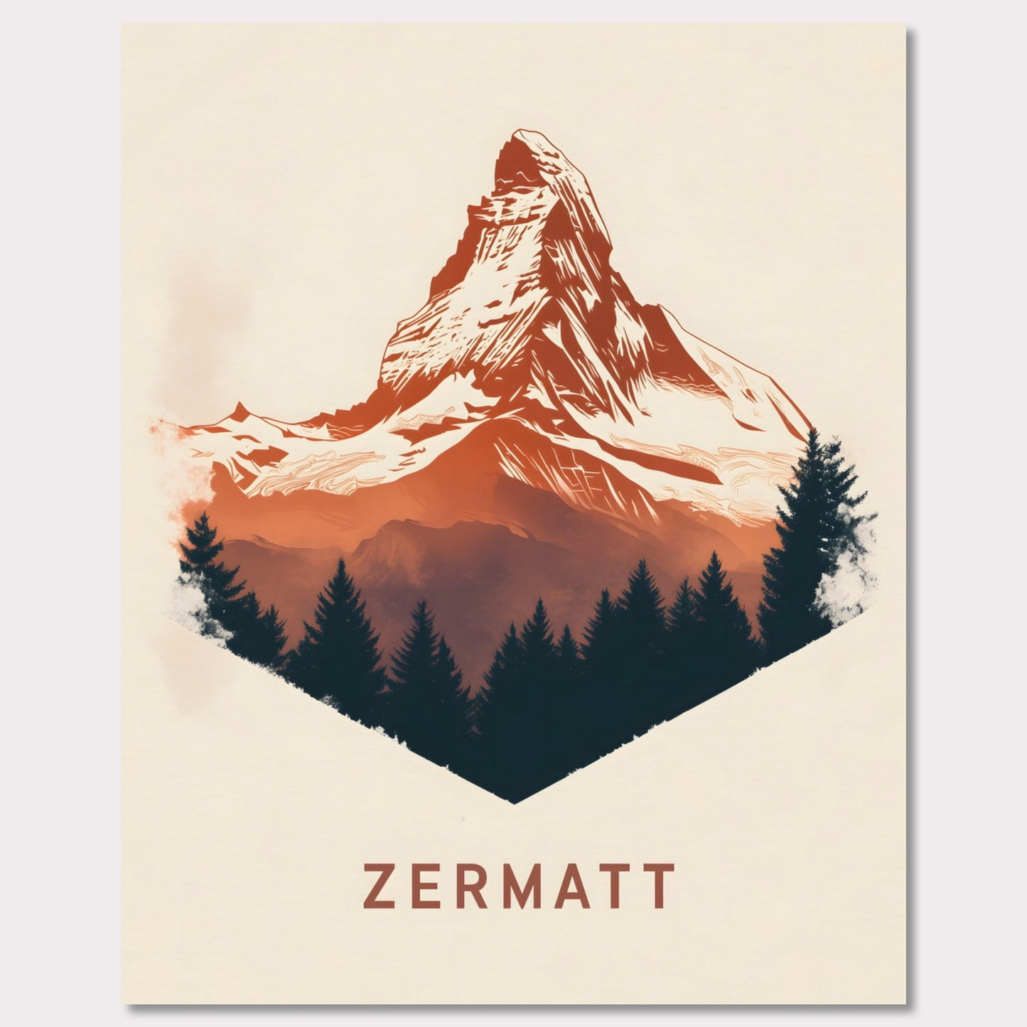 A scenic poster showcasing the breathtaking beauty of Zermatt’s Matterhorn. The rich, painterly textures and natural color palette evoke the serene yet powerful presence of the Alps.