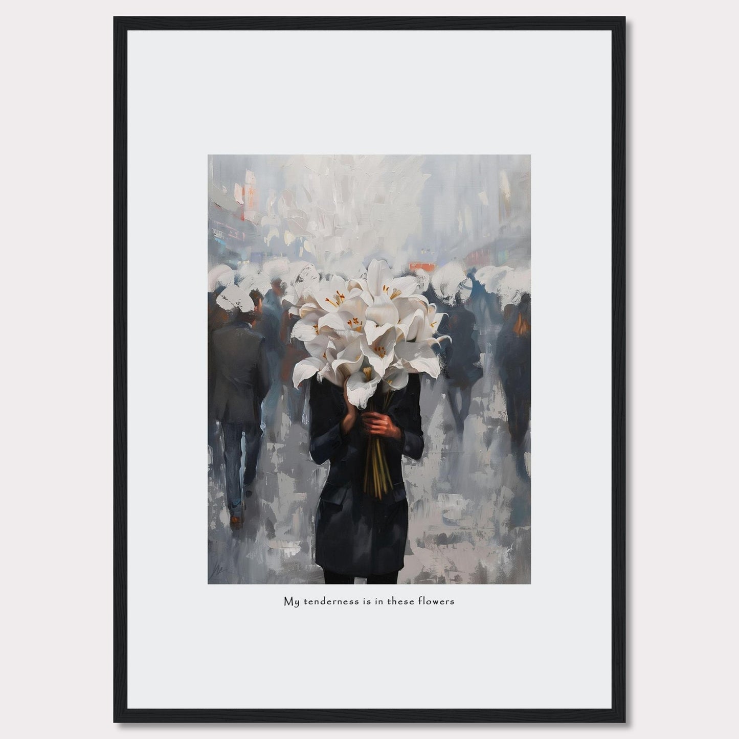 This artwork features a person holding a large bouquet of white lilies in a bustling, blurred cityscape. The image conveys a sense of serenity amidst the chaos. Below the image, the text reads, "My tenderness is in these flowers."