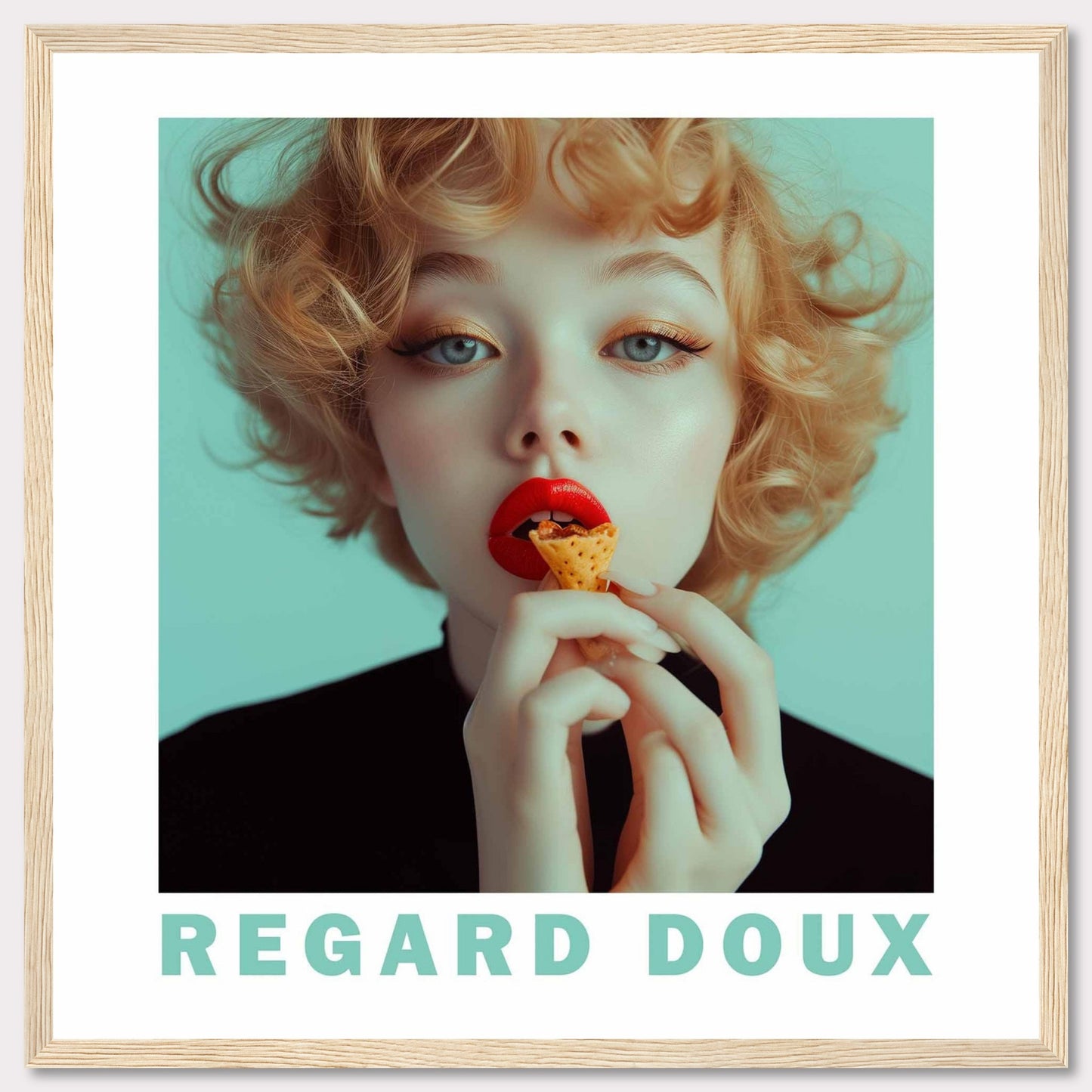 This captivating image showcases a young woman with striking red lips, holding a small cone-shaped snack close to her mouth. Her curly blonde hair frames her face beautifully, and her eyes exude a gentle, dreamy expression. The background is a soft teal color, adding to the overall serene and enchanting atmosphere. The text "REGARD DOUX" at the bottom translates to "Soft Gaze," perfectly capturing the essence of the image.