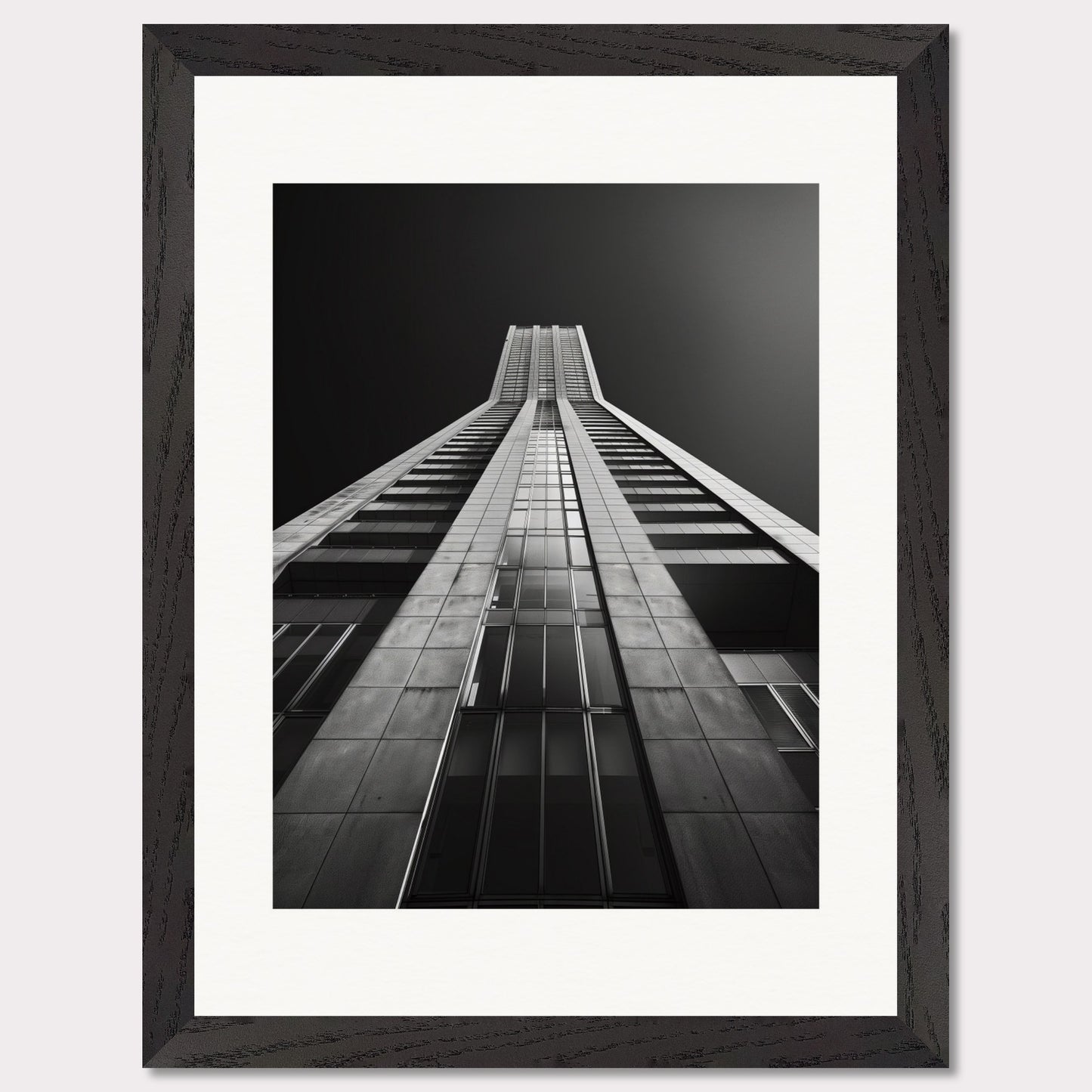 This striking black and white photograph captures the awe-inspiring perspective of looking up at a towering skyscraper. The image emphasizes the sleek lines and modern architecture, drawing the viewer's eye upwards towards the sky.