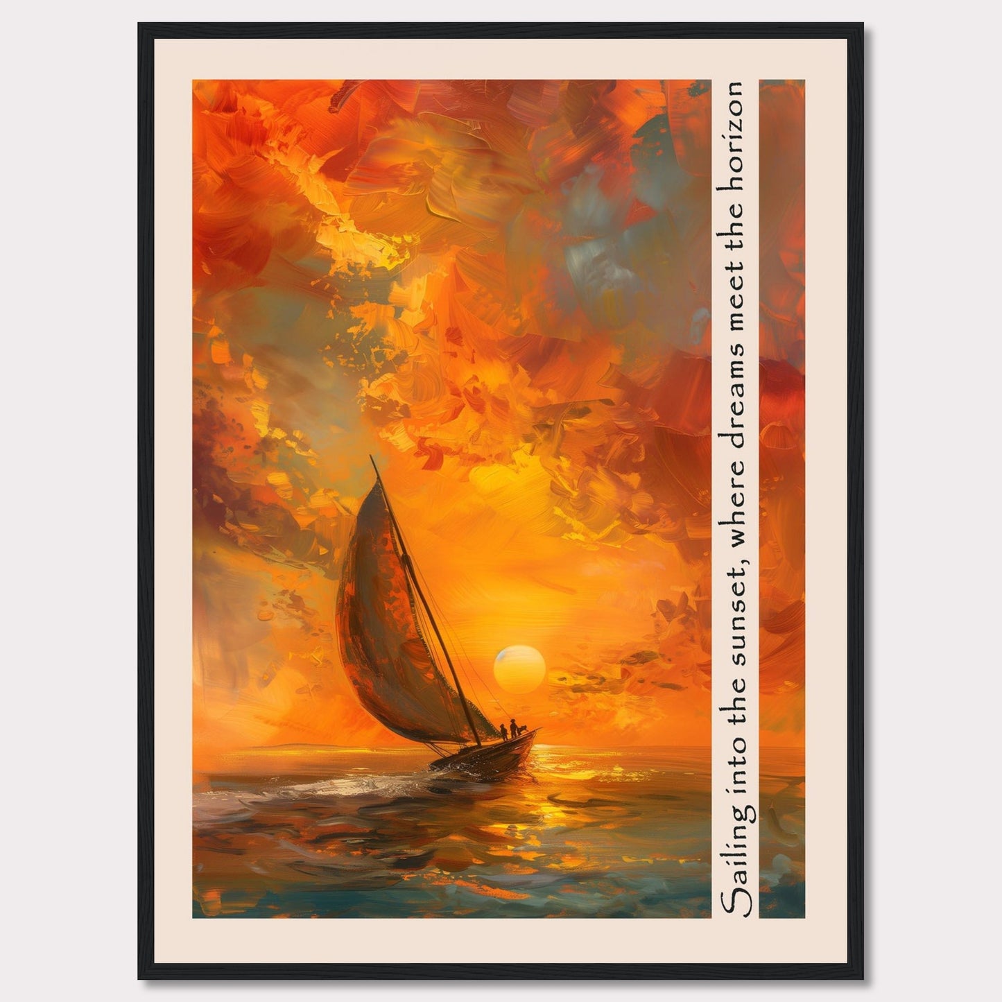 This captivating artwork depicts a sailboat gliding through the vibrant hues of a sunset, where the sky meets the sea in a harmonious blend of colors. The painting's warm tones evoke a sense of tranquility and adventure.