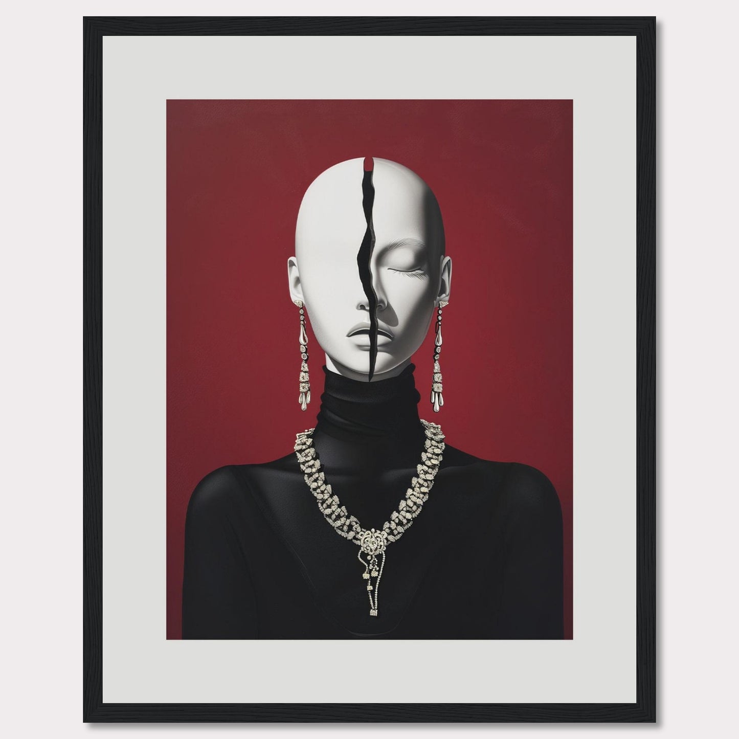 This striking artwork features a mannequin-like figure with a dramatic crack running down the center of its face, set against a bold red background. The figure is adorned with elaborate jewelry, including dangling earrings and an ornate necklace. The contrast between the smooth, expressionless face and the deep crack creates a powerful visual impact.