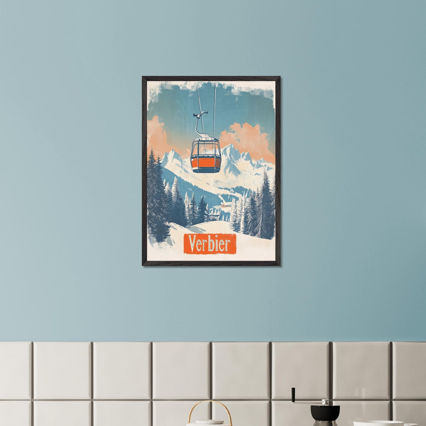 This picturesque retro-inspired poster showcases a vibrant orange gondola gracefully ascending the snowy mountainside of Verbier. The tranquil beauty of the landscape is captured with soft pastel tones in the sky, complemented by the rugged peaks in the distance. The modern gondola stands in contrast to the pristine, snow-covered trees, evoking a sense of peaceful adventure and the journey to the mountain’s summit. The vintage art style enhances the nostalgic vibe of alpine exploration.