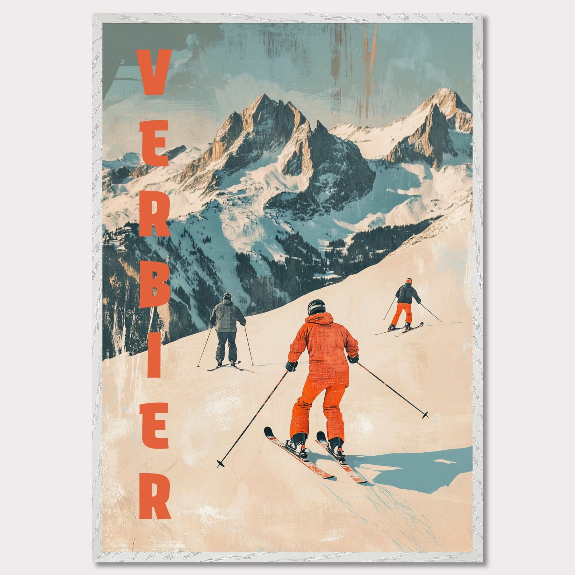 This retro-inspired poster vividly captures the exhilarating spirit of skiing in Verbier. A group of skiers clad in bold orange descends a pristine alpine slope, set against the majestic backdrop of rugged, snow-covered peaks. The textured vintage art style and muted color palette evoke nostalgia while celebrating the dynamic energy of winter sports.