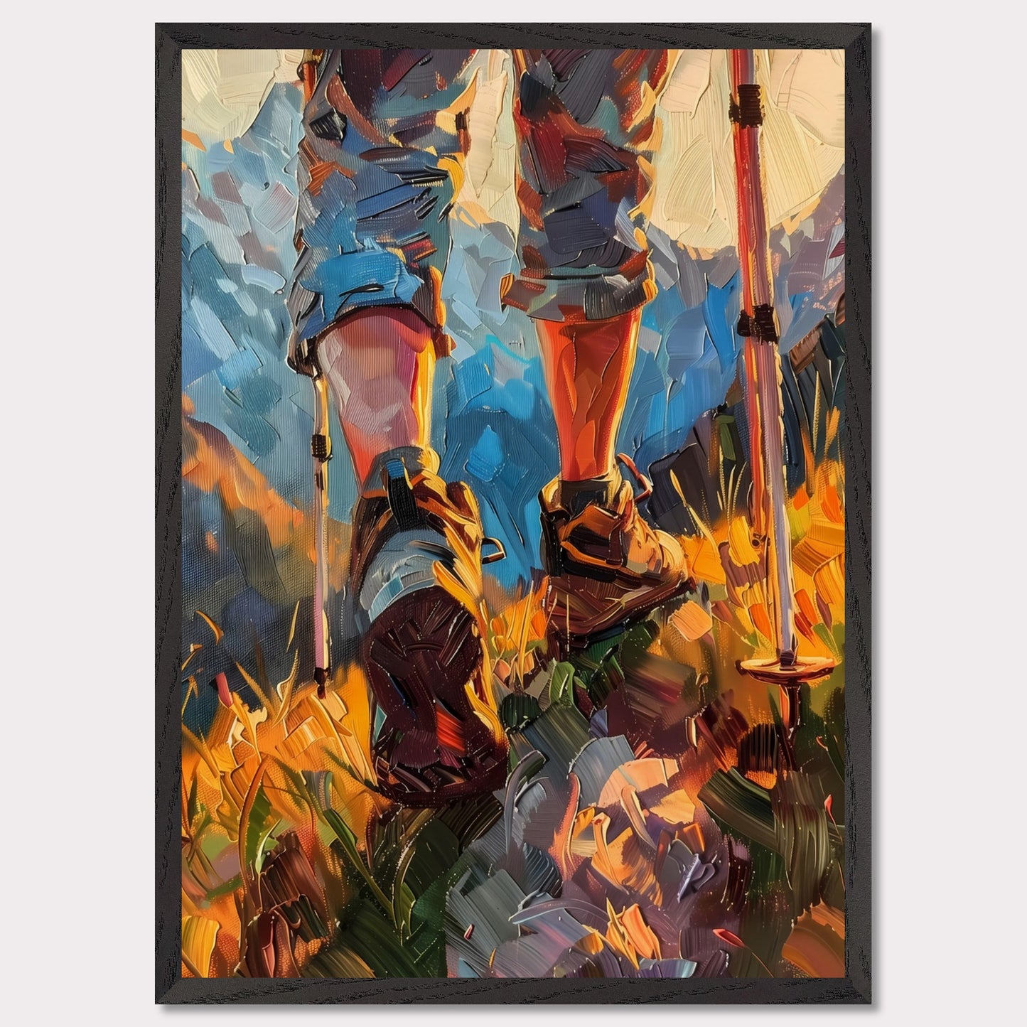 This illustration depicts a hiker's legs and feet as they traverse a vibrant, mountainous landscape. The scene is painted with bold, expressive brushstrokes, emphasizing the dynamic movement and rugged terrain.
