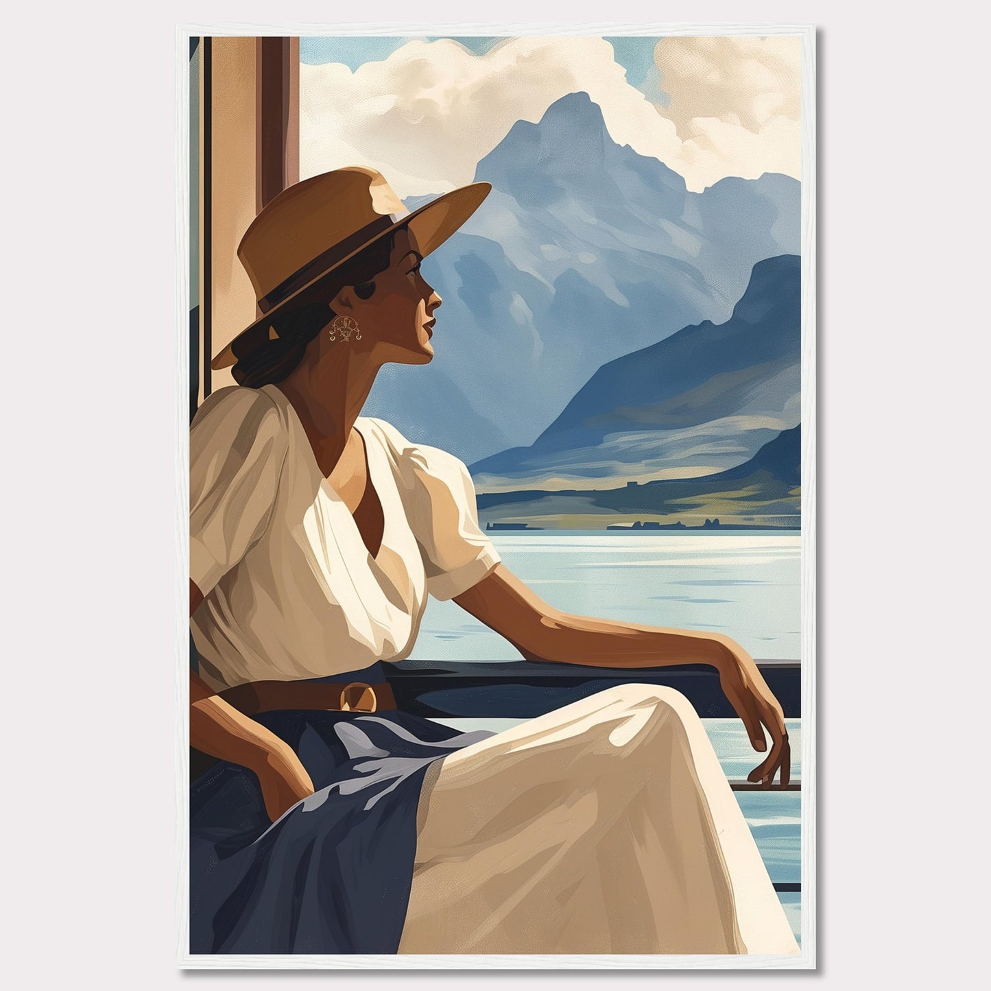 This captivating artwork features a serene woman in a white dress and wide-brimmed hat, gazing out at a tranquil lake with majestic mountains in the background. The scene evokes a sense of peace and contemplation, inviting viewers to pause and appreciate the beauty of nature.