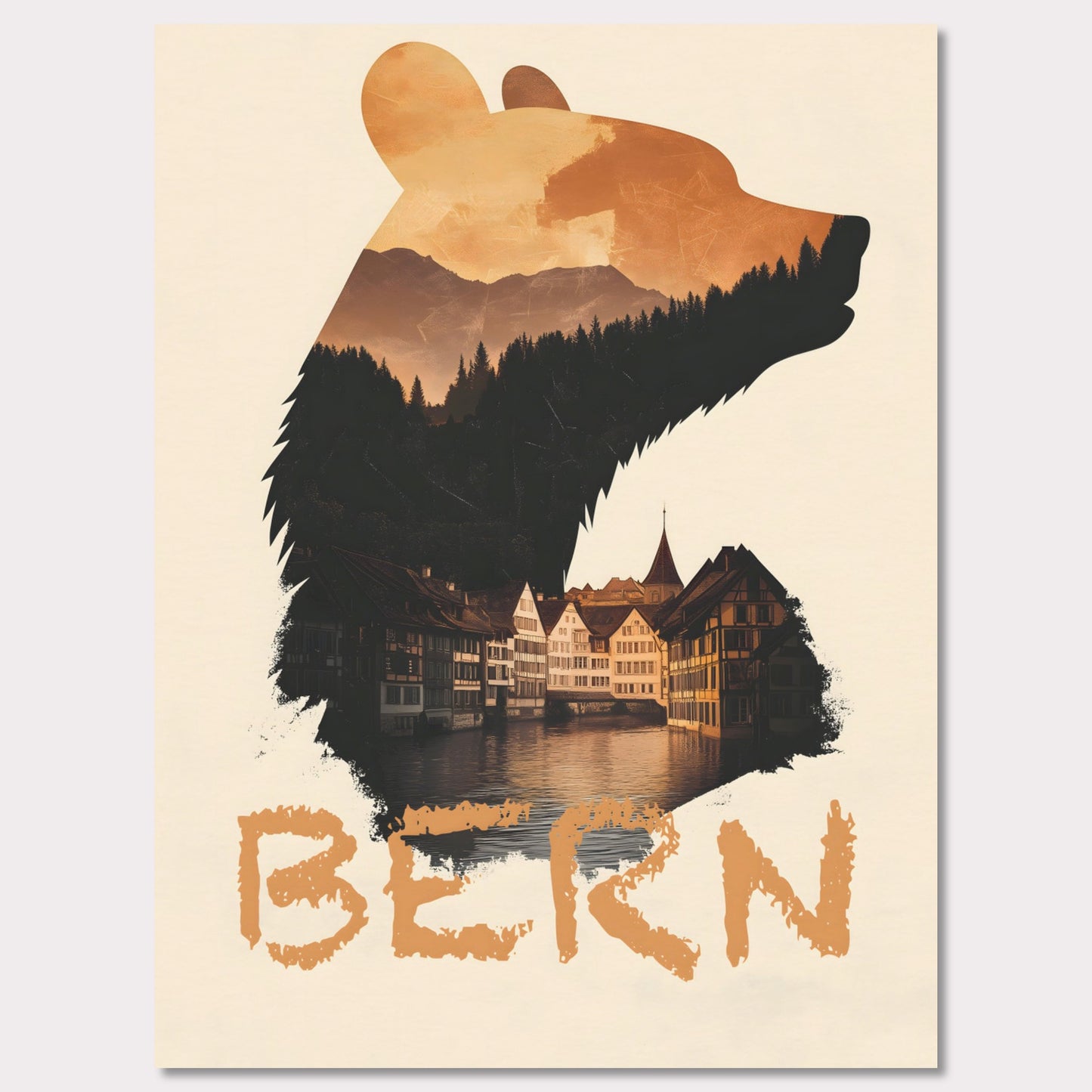 A captivating travel poster that merges Bern’s iconic bear symbol with the city’s historic charm. The silhouette of the bear contains a stunning landscape of alpine forests and traditional Swiss architecture, reflecting the city's rich heritage.