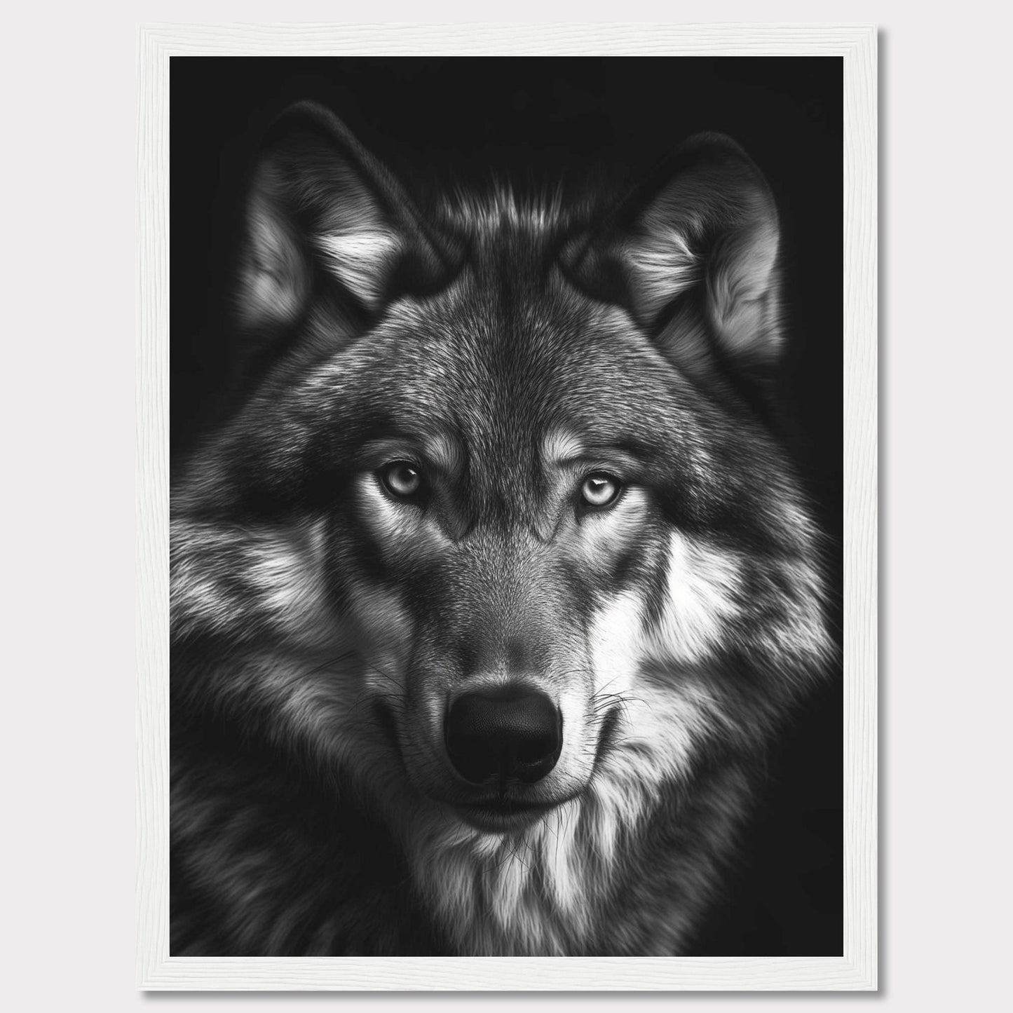 Immerse yourself in the captivating gaze of a majestic wolf with this stunning black and white portrait. The detailed fur, intense eyes, and powerful presence make this artwork a striking addition to any space.