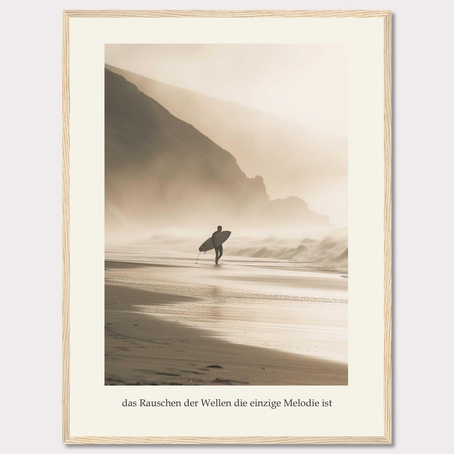 This captivating photograph captures a lone surfer walking along a misty beach, surfboard in hand, with towering cliffs in the background.