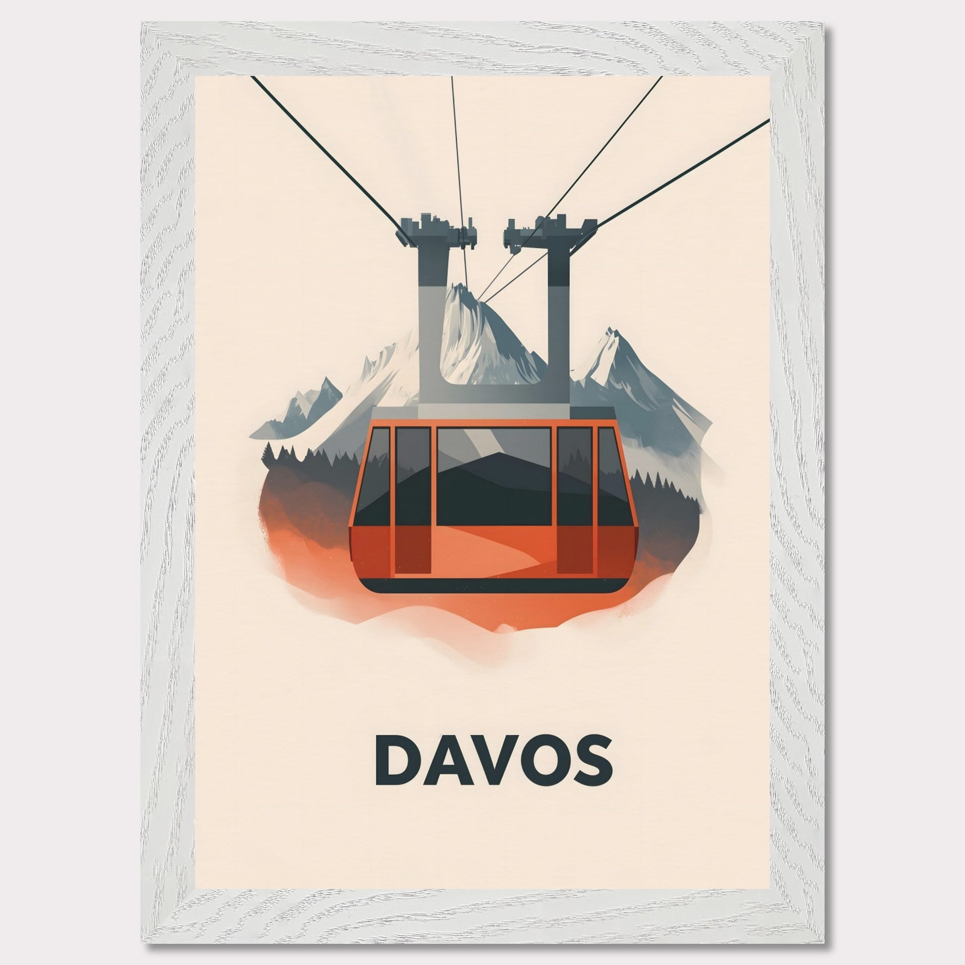 This striking travel poster showcases Davos, a world-renowned alpine destination, in a sleek and minimalist style. The stylized mountain peaks and crisp, modern aesthetic reflect the resort’s prestige as a hub for winter sports and elite gatherings. The cool tones and refined composition create a sense of sophistication and adventure.