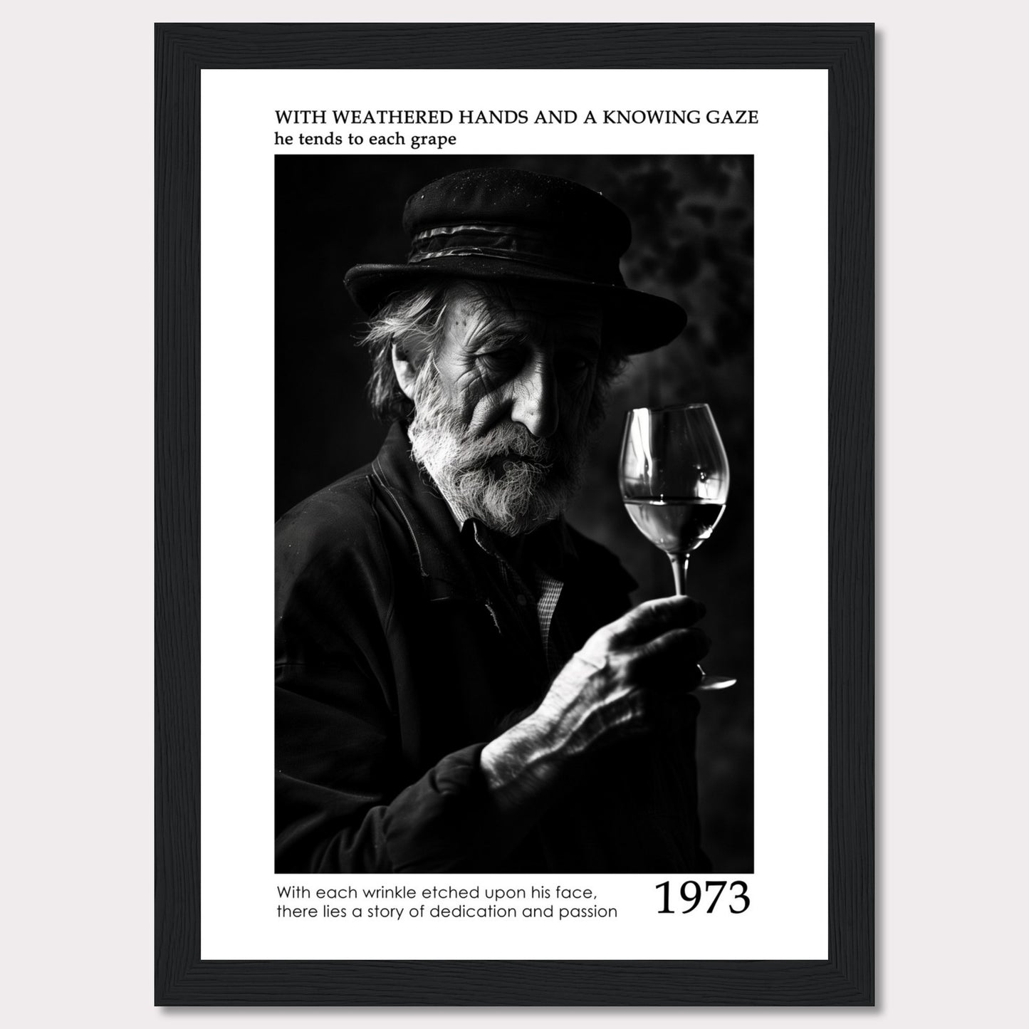 This evocative black-and-white photograph captures an elderly man with a weathered face, holding a glass of wine. His thoughtful gaze and the detailed wrinkles on his face tell a story of dedication and passion. The text accompanying the image reads: "With weathered hands and a knowing gaze he tends to each grape. With each wrinkle etched upon his face, there lies a story of dedication and passion." The year 1973 is prominently displayed.