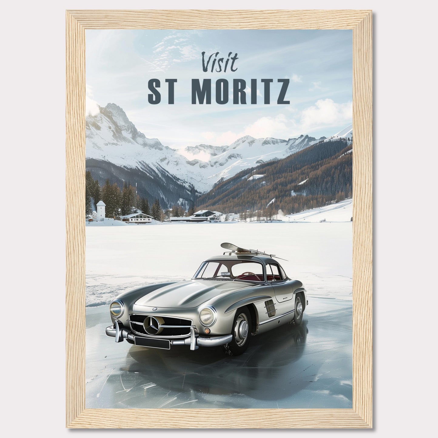 Discover the breathtaking beauty of St. Moritz with this stunning poster. Featuring a classic silver car parked on a frozen lake, surrounded by majestic snow-capped mountains and cozy alpine chalets.