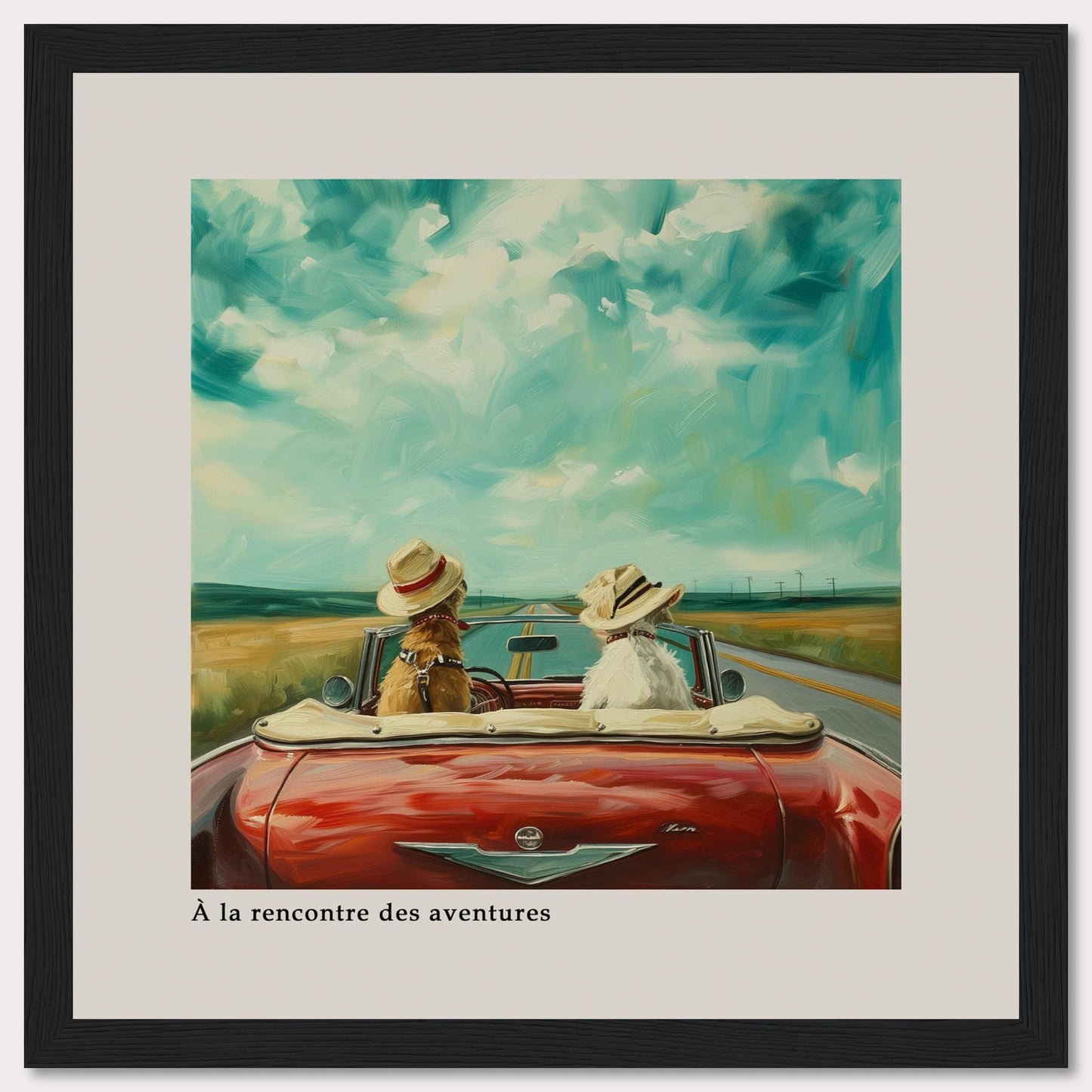 This charming artwork depicts two dogs wearing hats, riding in a red convertible on an open road under a vibrant sky. The scene evokes a sense of adventure and freedom.