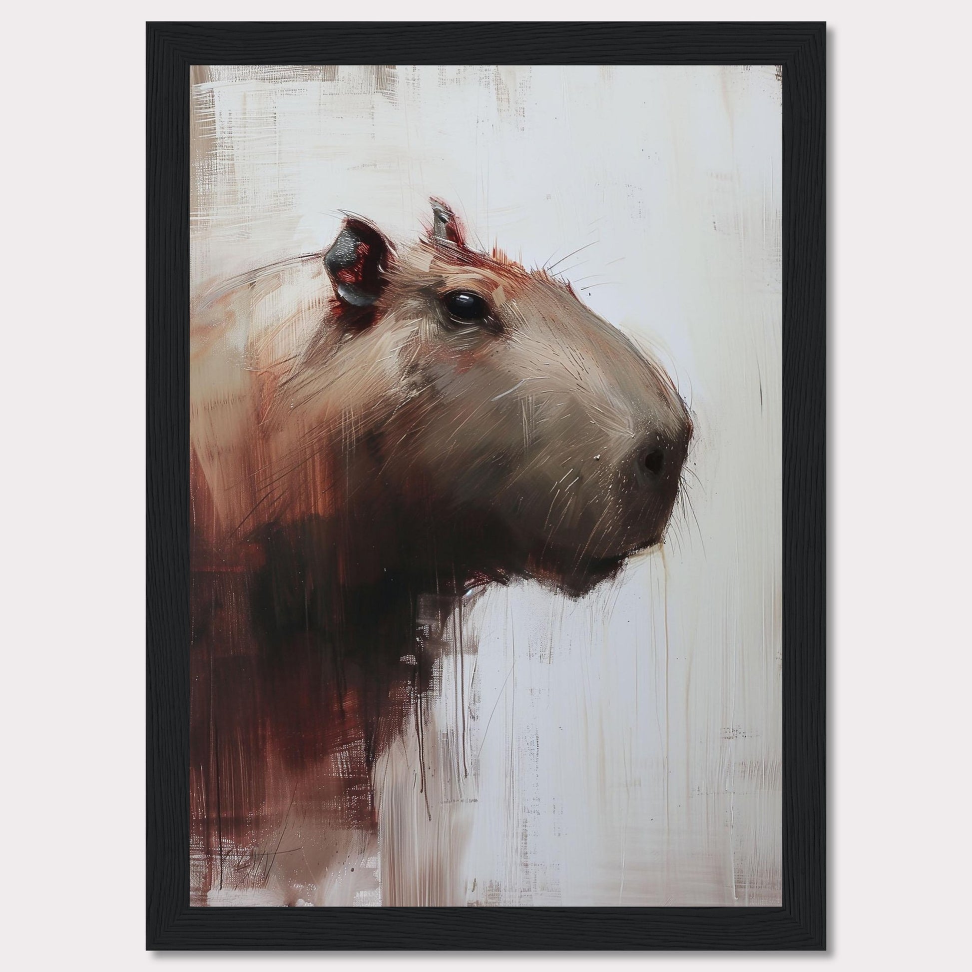 This image showcases a striking painting of a capybara, rendered in a modern, abstract style. The artwork features bold brush strokes and a muted color palette, with the capybara's head turned slightly to the side.