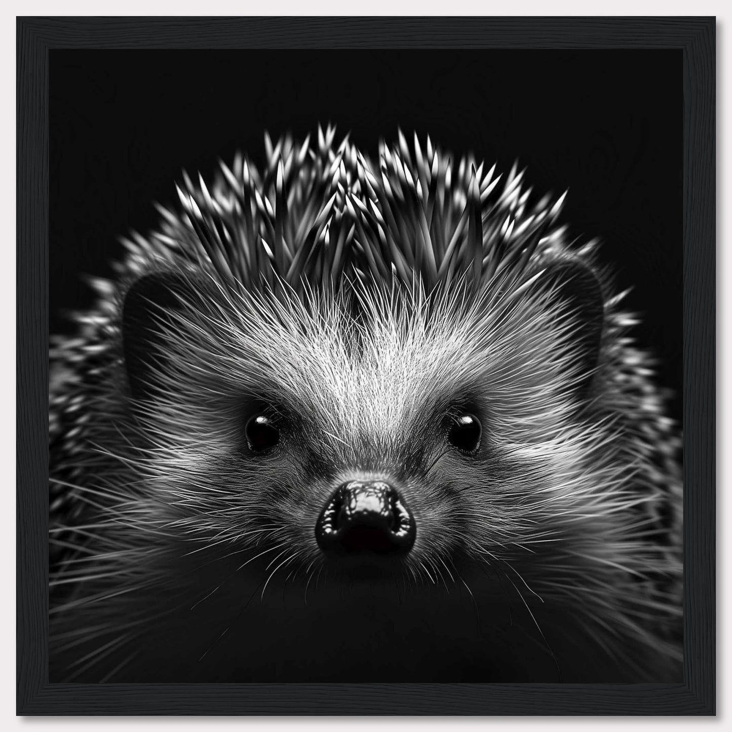 This captivating black and white photograph showcases the adorable face of a hedgehog, with its quills prominently displayed. The close-up shot emphasizes the intricate details of its fur and the curious expression in its eyes.