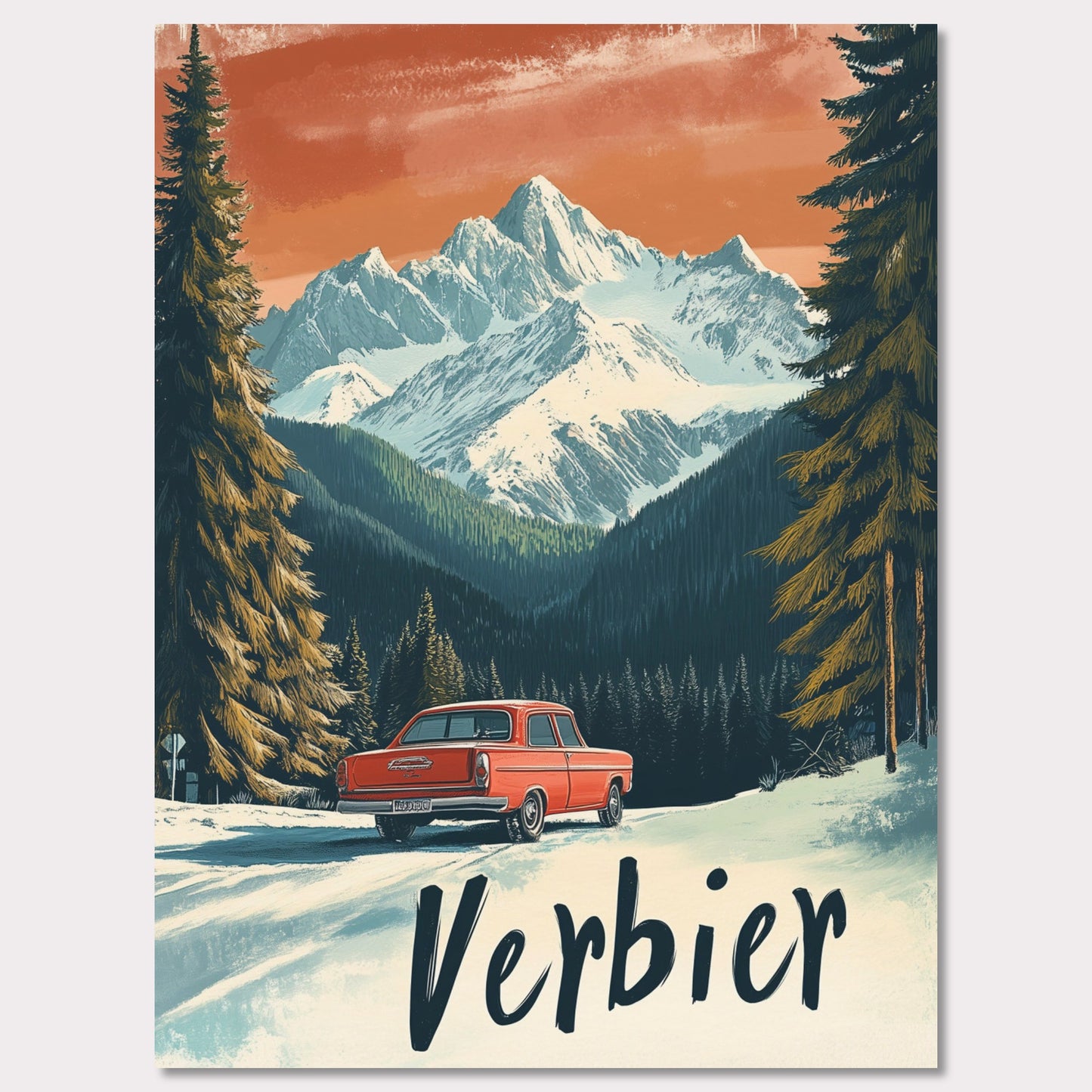 This striking retro-style poster depicts a vintage car driving through a snowy mountain landscape in Verbier. The red car stands out against the backdrop of majestic, snow-covered peaks and towering trees, with the warm orange hues of the sky adding to the nostalgic vibe. The vintage typography and artistic style evoke the allure of road trips through the Swiss Alps, offering a sense of freedom and adventure in a winter wonderland.