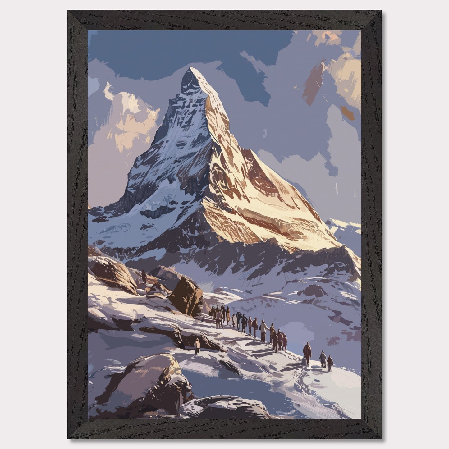 Experience the majestic beauty of this stunning mountain landscape. The image captures a group of adventurers trekking up a snow-covered path towards a towering, sunlit peak. The sky above is clear with a few clouds, adding depth and contrast to the scene. The rugged terrain and the determination of the climbers evoke a sense of awe and inspiration.