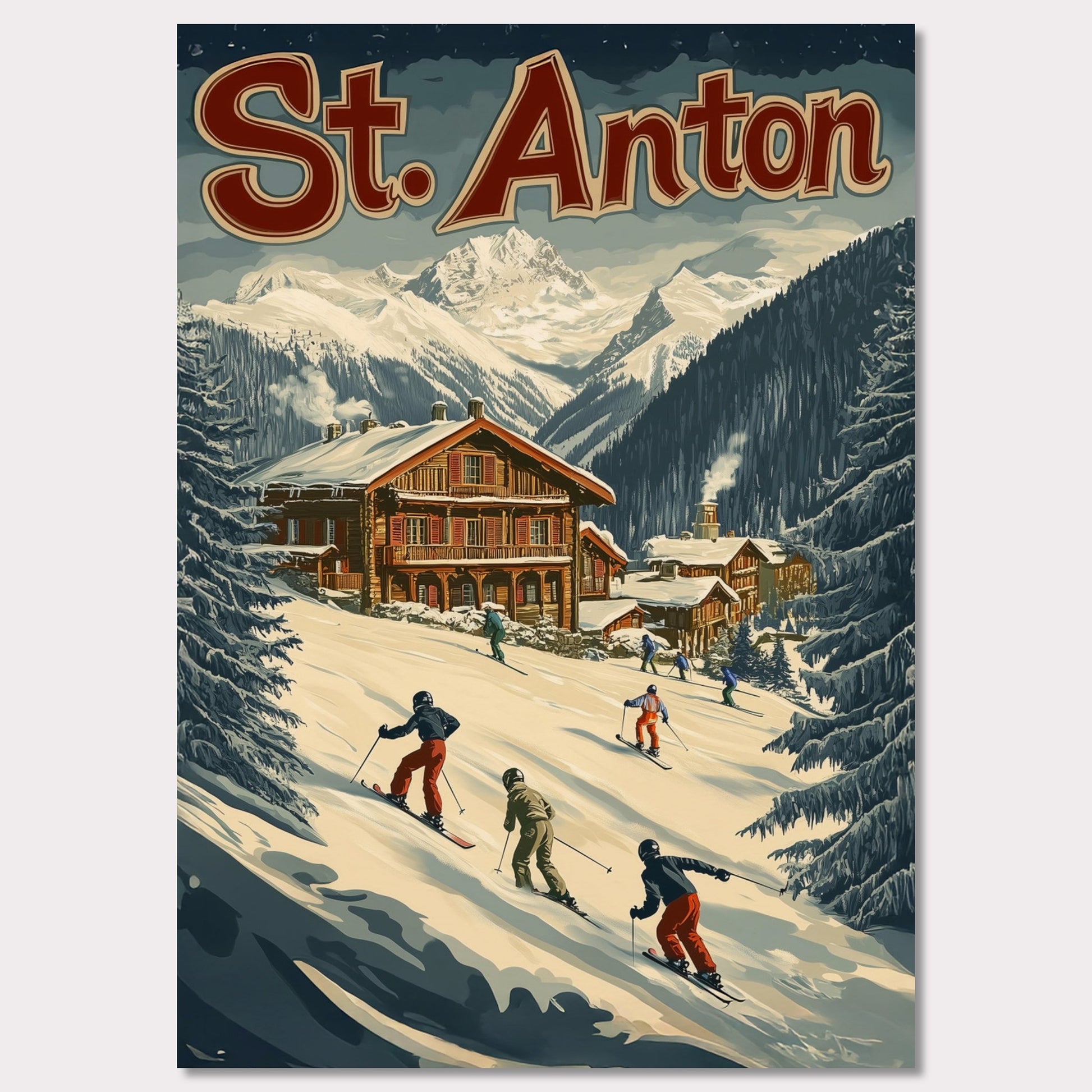 This minimalist yet striking poster captures the essence of St. Anton's alpine charm through its dynamic composition and vintage-inspired design. At the heart of the image is a group of skiers gracefully descending the snowy slopes, framed by towering evergreens and a cozy wooden chalet. The vibrant yet balanced color palette enhances the lively appeal, blending a sense of adventure and winter serenity.