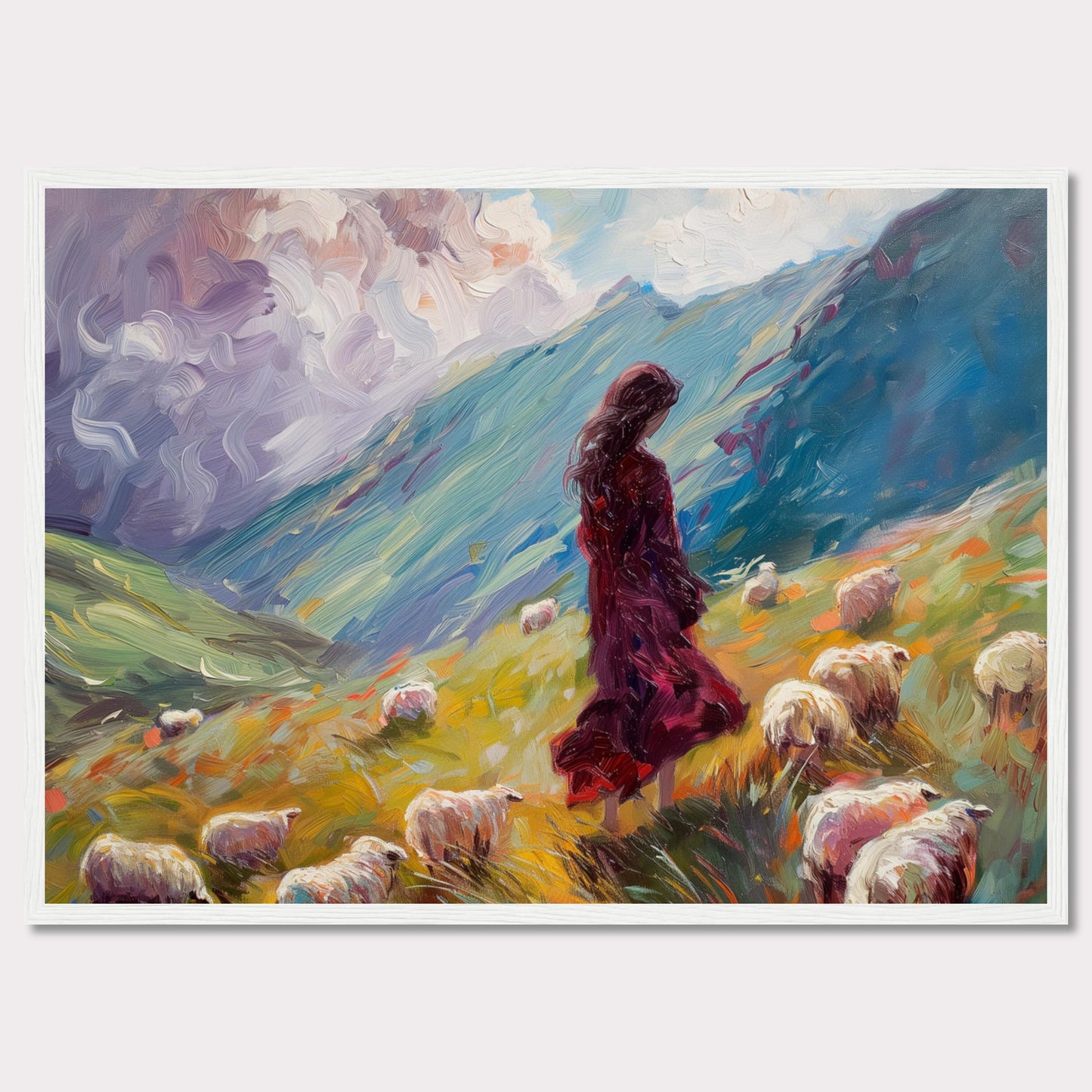 This captivating painting portrays a serene pastoral scene where a woman in a flowing red dress stands amidst a flock of sheep on a vibrant, rolling hillside. The background features dramatic, swirling clouds and lush green mountains, creating a sense of tranquility and connection with nature.