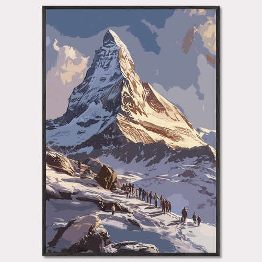 Experience the majestic beauty of this stunning mountain landscape. The image captures a group of adventurers trekking up a snow-covered path towards a towering, sunlit peak. The sky above is clear with a few clouds, adding depth and contrast to the scene. The rugged terrain and the determination of the climbers evoke a sense of awe and inspiration.