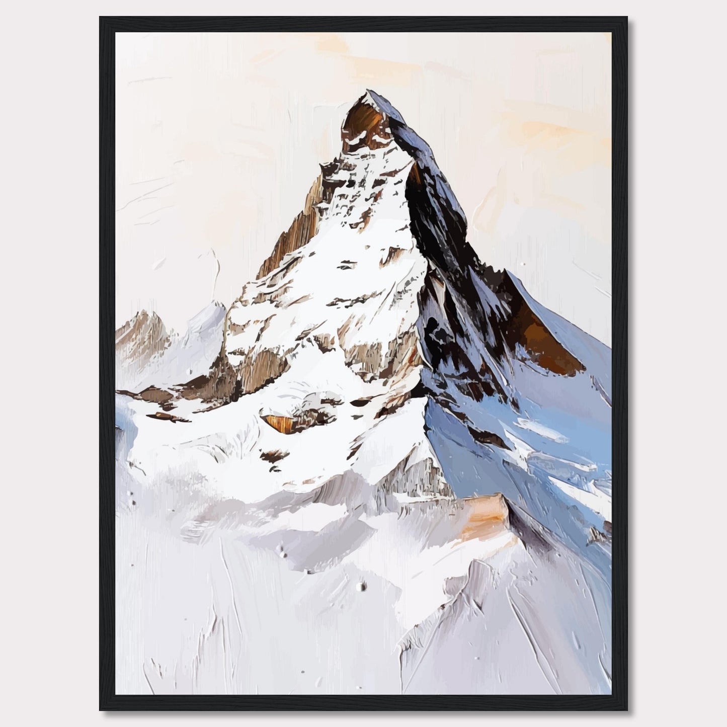 This image showcases a striking painting of a snow-covered mountain peak, likely inspired by the majestic Matterhorn. The artwork features bold brush strokes and a mix of white, brown, and blue hues, capturing the rugged beauty of the alpine landscape.