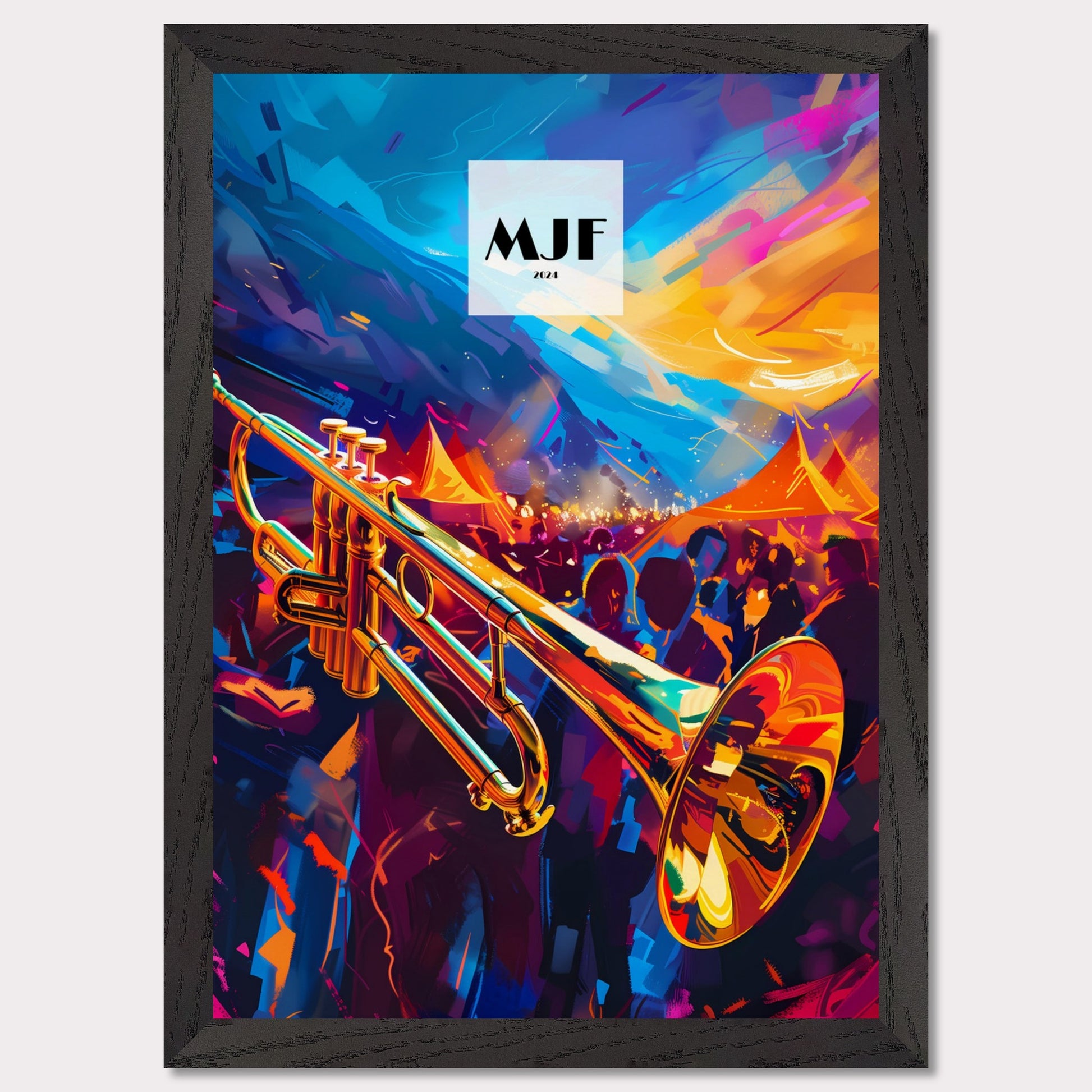 This vibrant poster captures the essence of a lively jazz festival. A gleaming trumpet takes center stage, set against a backdrop of colorful tents and an enthusiastic crowd. The sky is painted with dynamic strokes of blue and orange, adding to the energetic atmosphere.