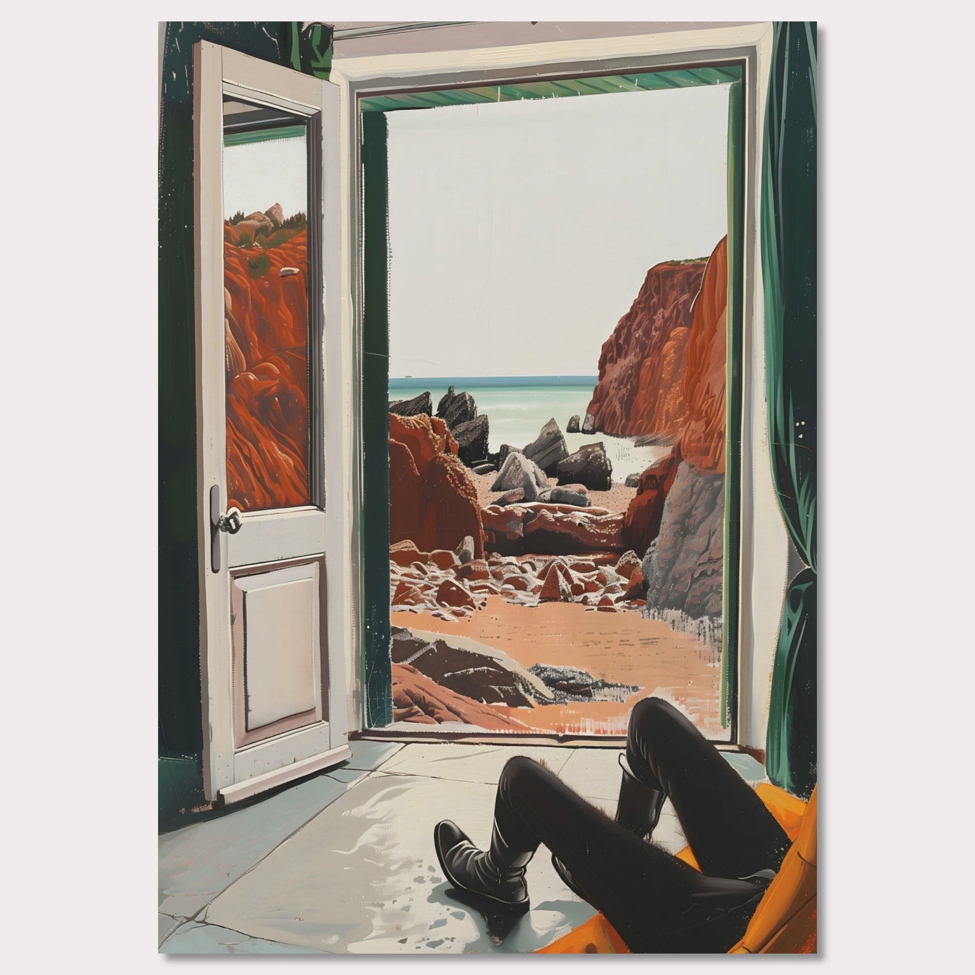 This image captures a serene view of a rocky beach through an open door. The scene is framed by the interior of a room where a person is seated, legs stretched out, possibly relaxing and enjoying the view.