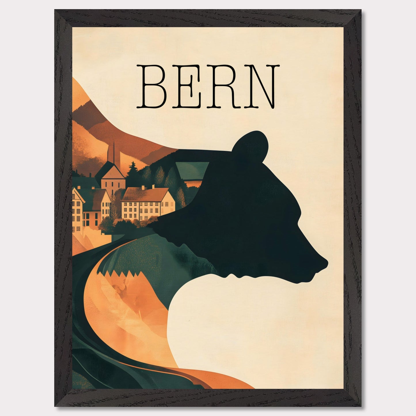 This minimalist travel poster captures the essence of Bern, Switzerland, with a flowing river winding through the city's historic heart. The design highlights the city's iconic medieval architecture, framed by the serene natural surroundings. The soft, muted tones evoke a sense of nostalgia and tranquility, making it a perfect representation of Bern’s timeless beauty.