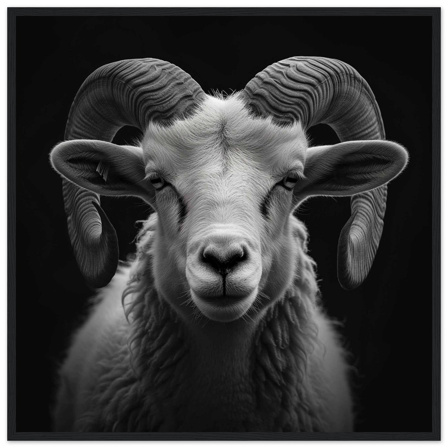 This striking black and white photograph captures the majestic presence of a ram with impressive, curved horns. The detailed texture of its fur and the intensity in its eyes are beautifully highlighted against a dark background.