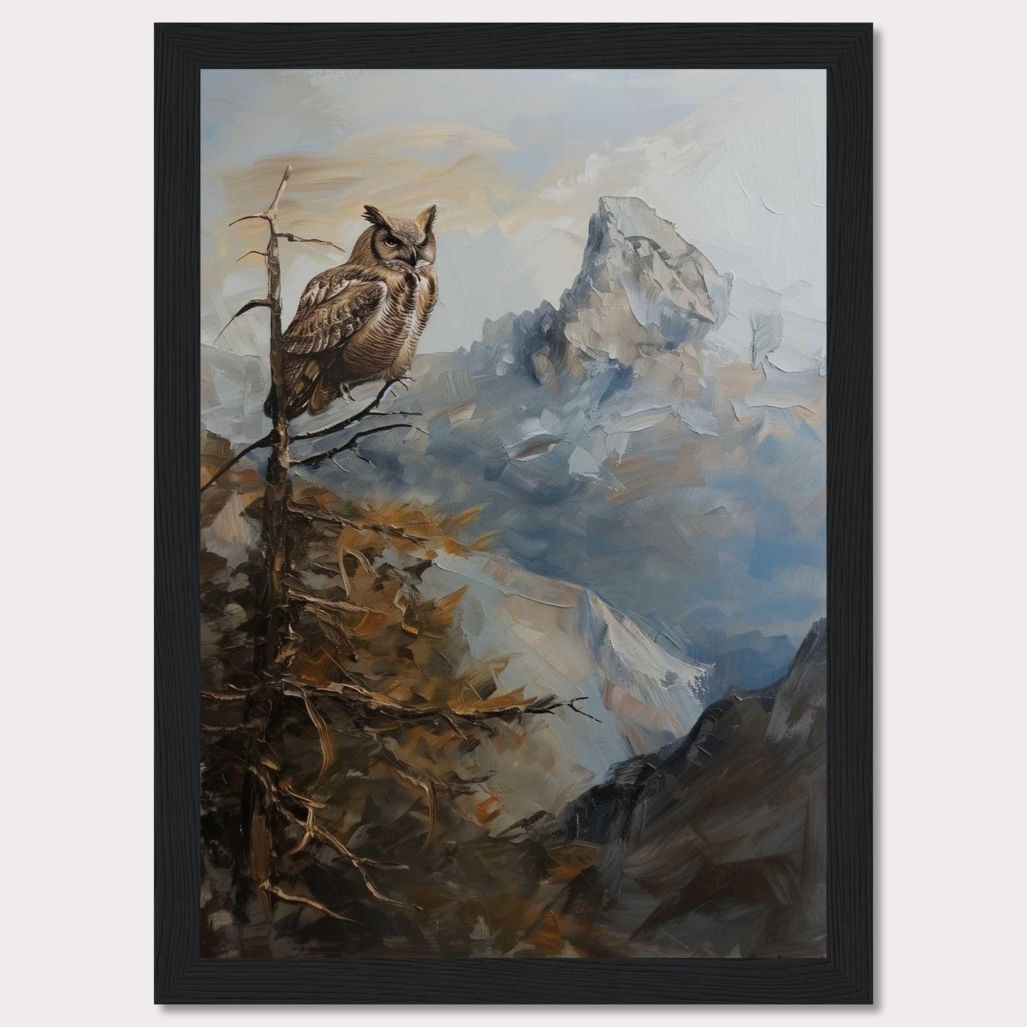 This captivating painting depicts a majestic owl perched on a branch, overlooking a rugged mountain landscape. The scene is rendered in rich, earthy tones and dynamic brushstrokes, capturing the serene yet powerful essence of nature.