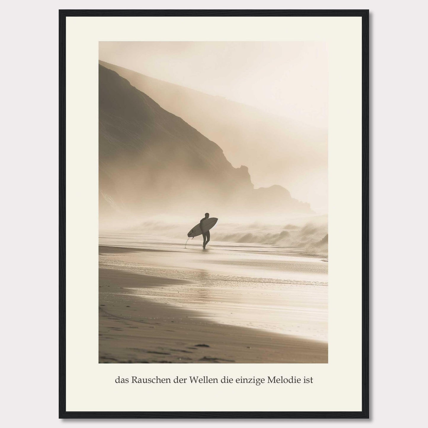 This captivating photograph captures a lone surfer walking along a misty beach, surfboard in hand, with towering cliffs in the background.