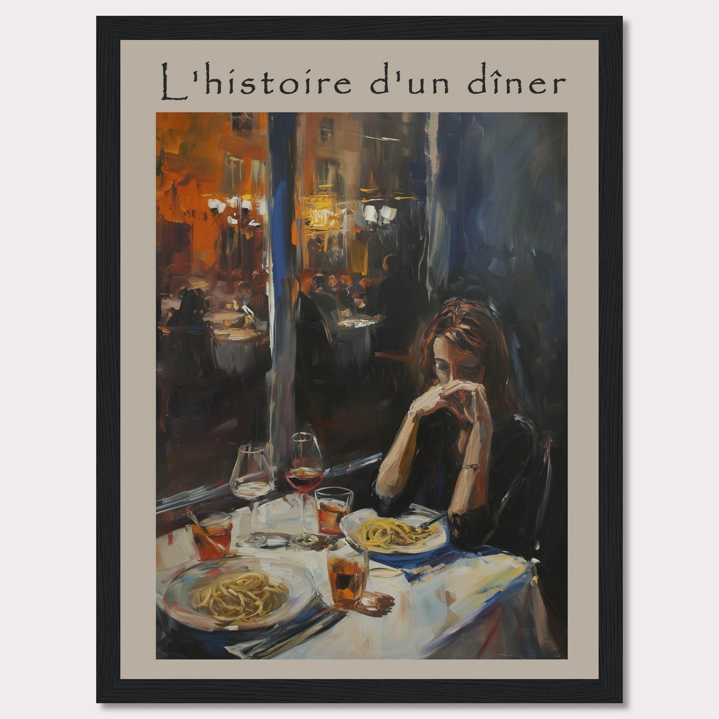 This painting, titled "L'histoire d'un dîner," depicts a solitary woman deep in thought at a dinner table. The scene is set in a warmly lit restaurant, with other diners visible in the background. The table is elegantly set with plates of pasta and glasses of wine, creating an intimate and reflective atmosphere.