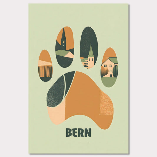 This unique poster blends the charm of Bern’s architecture with the city’s symbolic bear in an abstract, paw-print design. The warm earth tones and clean lines create a harmonious balance between modern minimalism and historical elements.