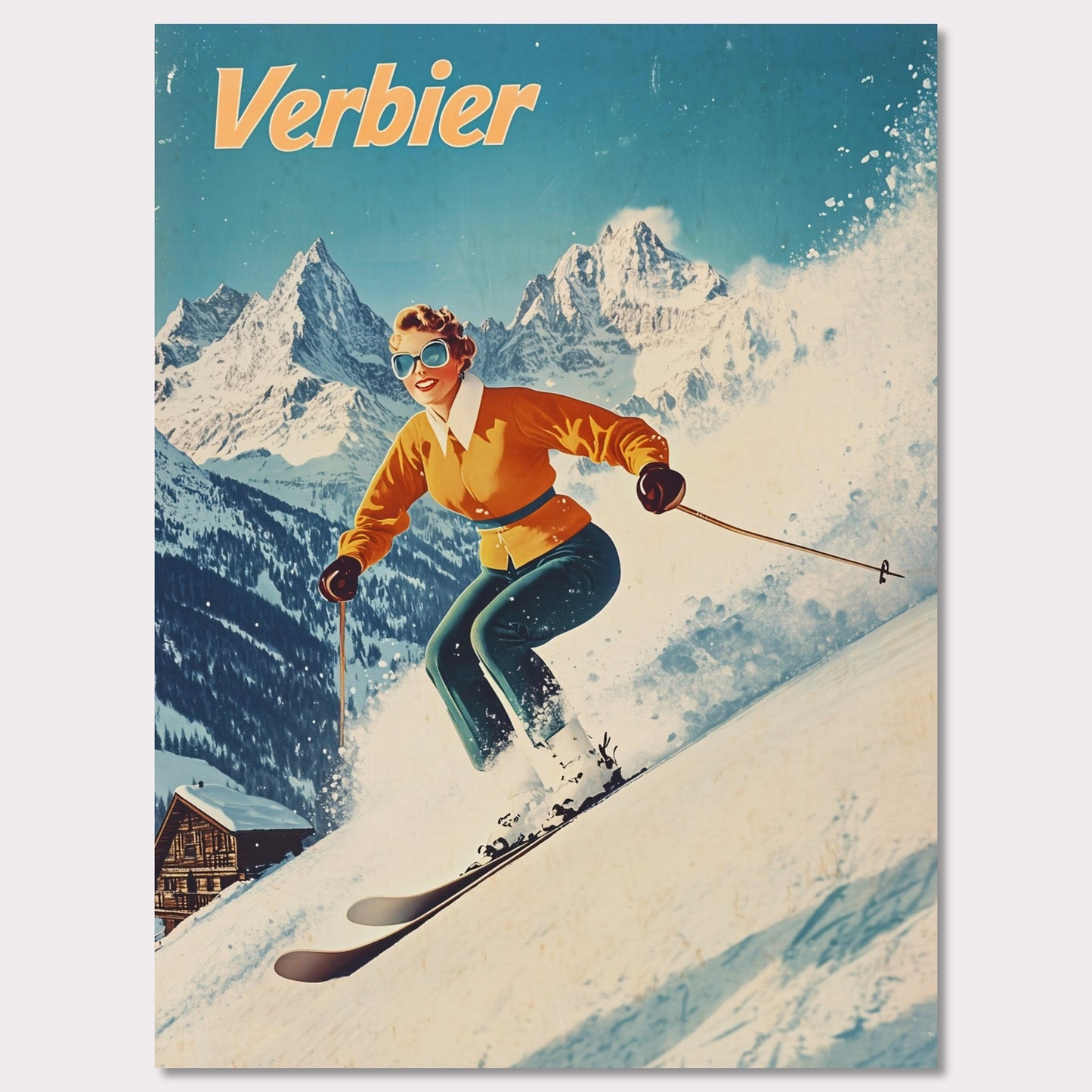 This vibrant retro poster captures the thrilling energy of skiing in Verbier, featuring a skier in a bright orange jacket racing down the slopes. The bright, clear sky contrasts beautifully with the snow-covered terrain and rugged mountain backdrop. The skier’s joyful expression, paired with the iconic Verbier mountains, evokes the excitement and adventure of alpine skiing. The vintage art style adds a timeless touch, bringing out the spirit of winter sports.