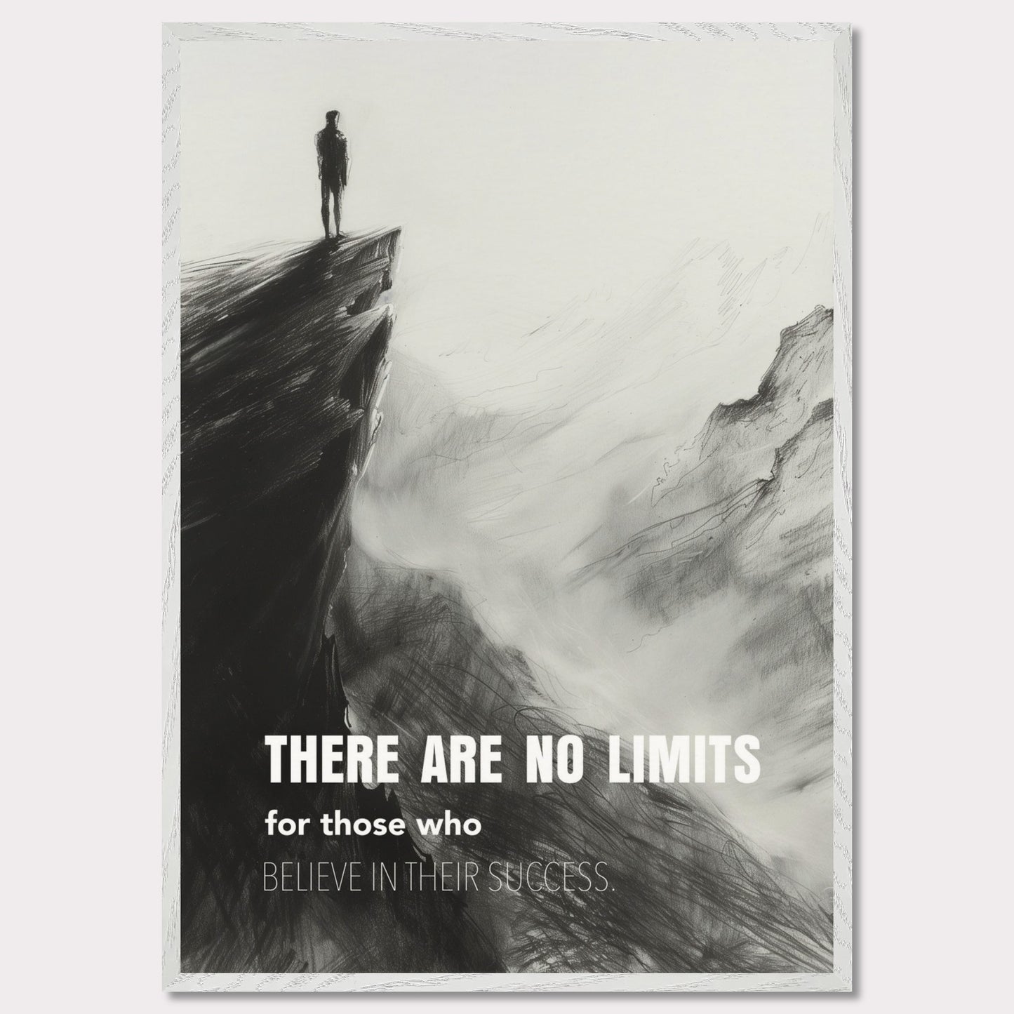 This image depicts a person standing at the edge of a cliff, looking out over a vast, foggy landscape. The scene is rendered in black and white, giving it a dramatic and contemplative feel. The text on the image reads: "There are no limits for those who believe in their success."