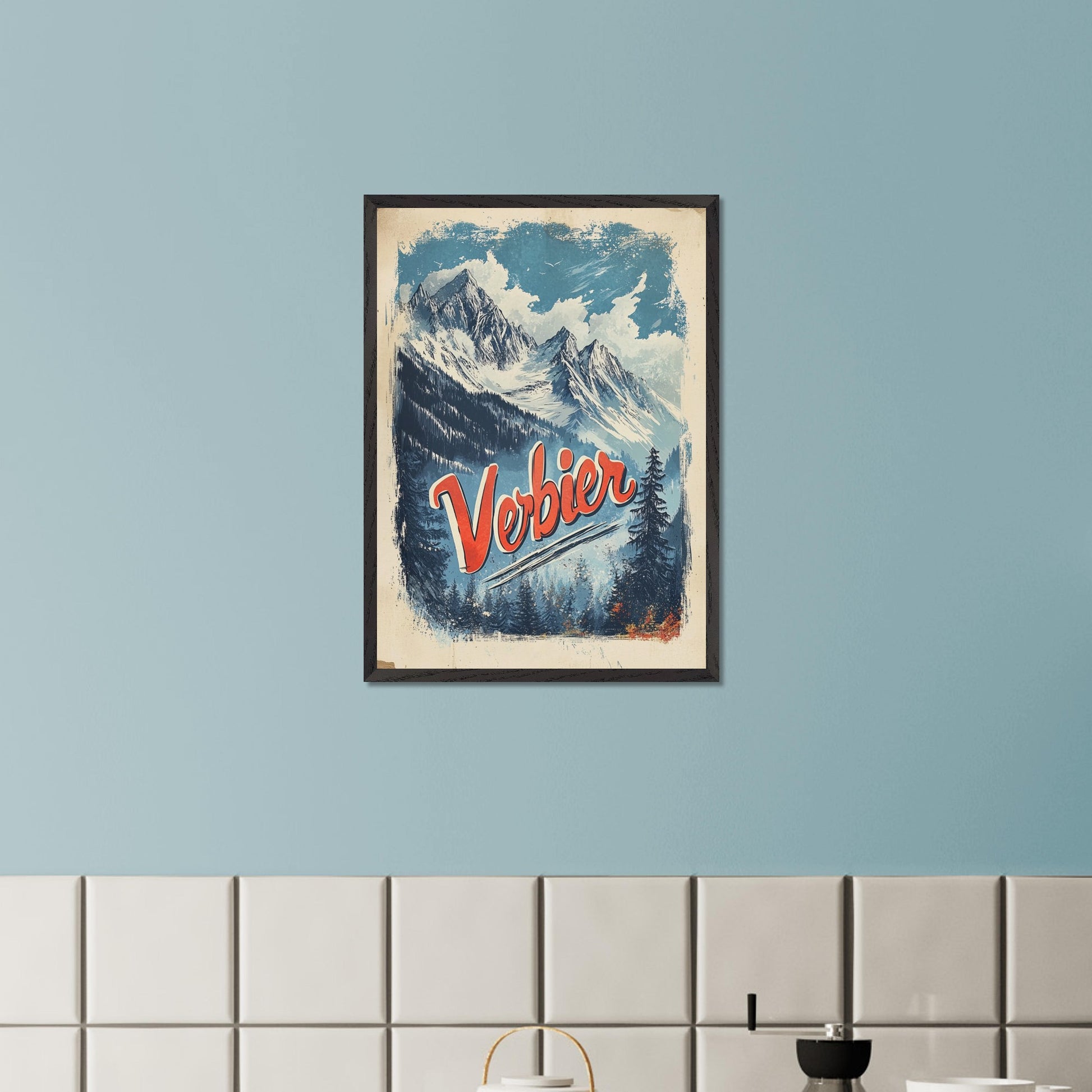 This striking vintage poster captures the breathtaking beauty of Verbier’s mountain peaks. With a bold orange and blue color palette, the image of towering snowy peaks framed by evergreen trees invites adventure and awe. The vintage typography emphasizes Verbier’s allure as a destination for both exploration and relaxation, making this an ideal representation of the Swiss Alps' majestic landscapes.